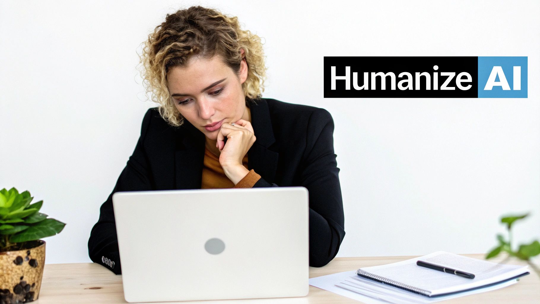 A professional reviewing content on a laptop screen, symbolizing the editing process of AI-generated text.