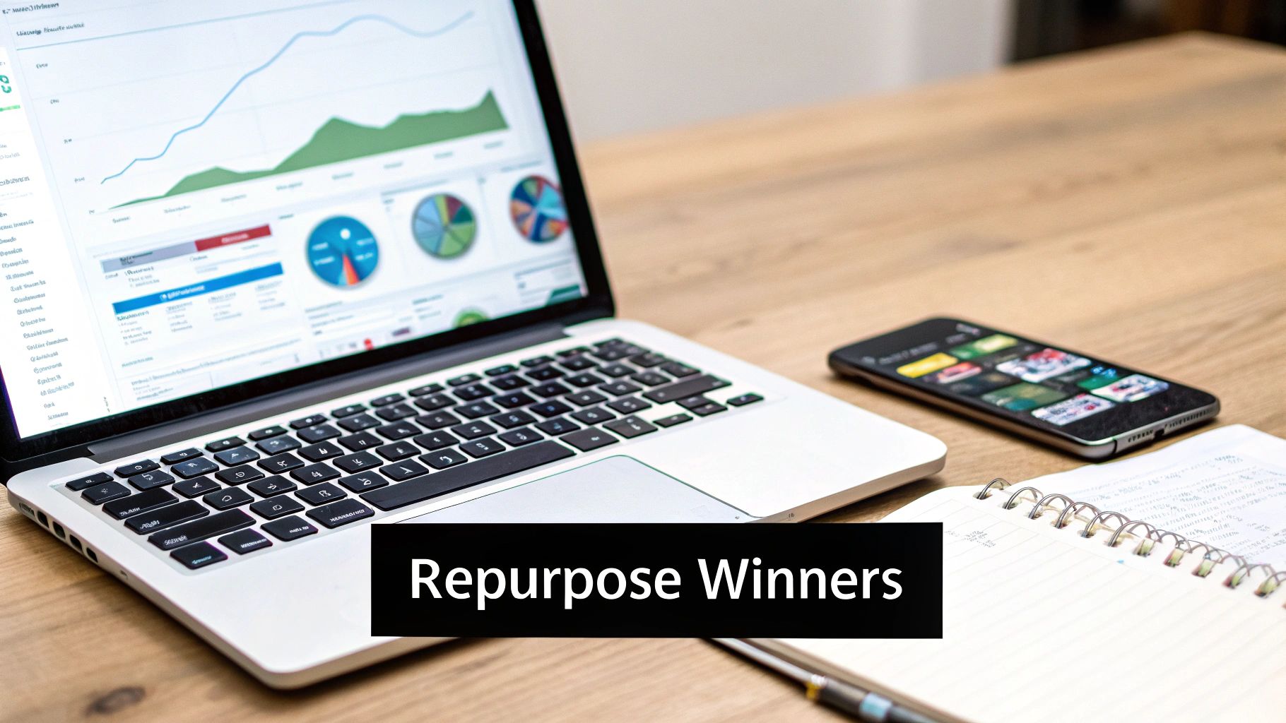Laptop displaying analytics dashboard with charts and smartphone showing content calendar on desk