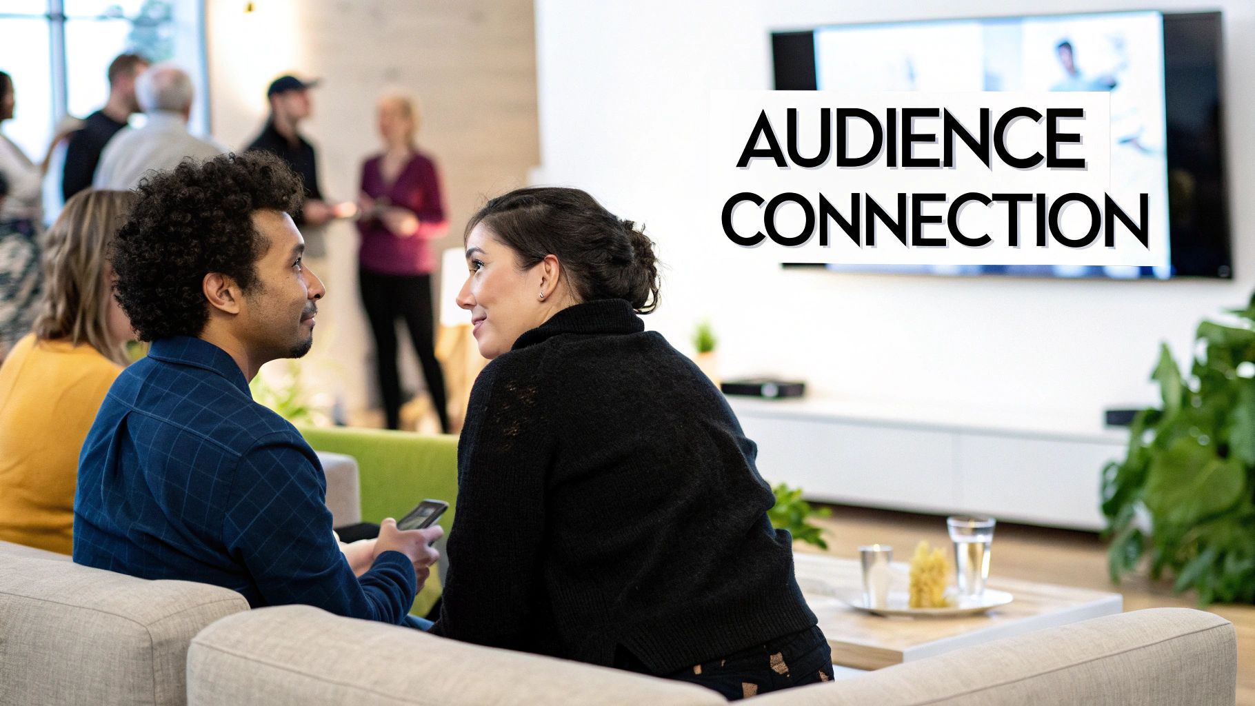 A stylized image showing social media engagement icons like hearts, comments, and shares floating around a central user profile, illustrating audience interaction.