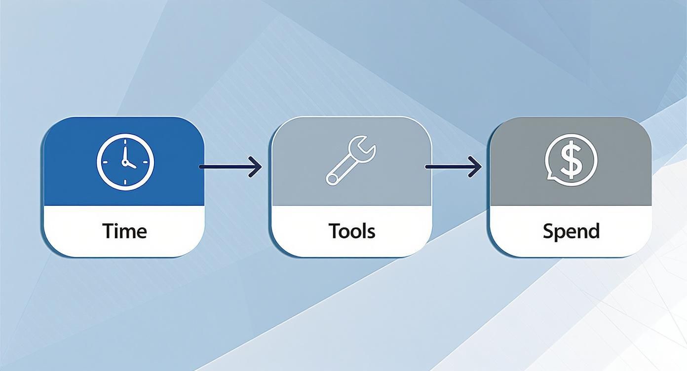 A three-step process diagram showing how time and tools lead to project spending.