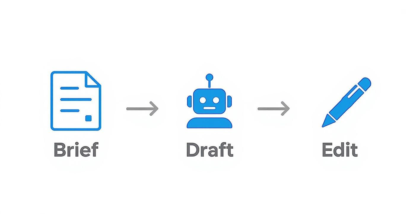 A visual representation of an AI copywriting workflow, showing brief, draft by a robot, and edit.