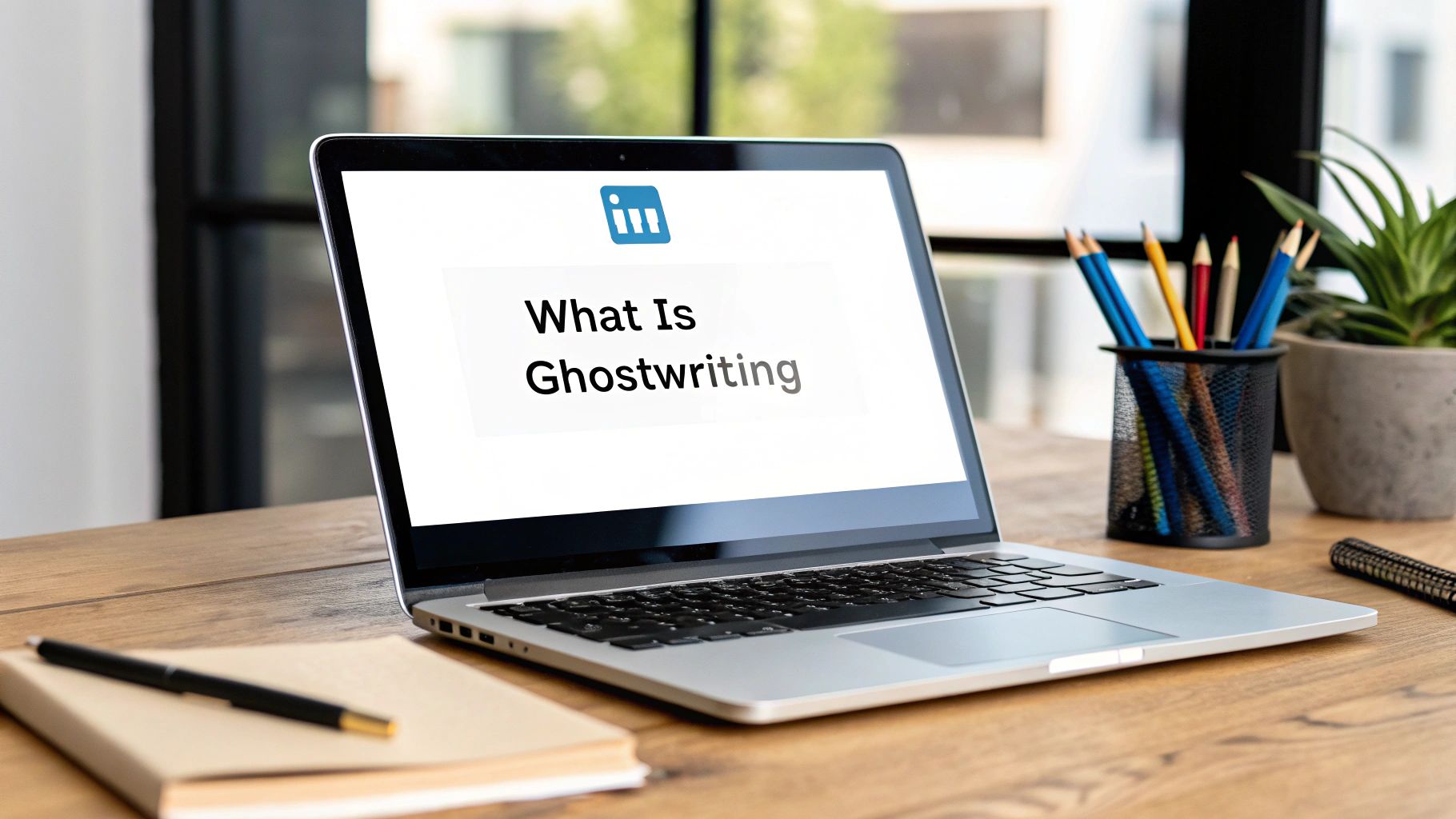A person typing on a laptop with a LinkedIn logo in the background, representing professional content creation.