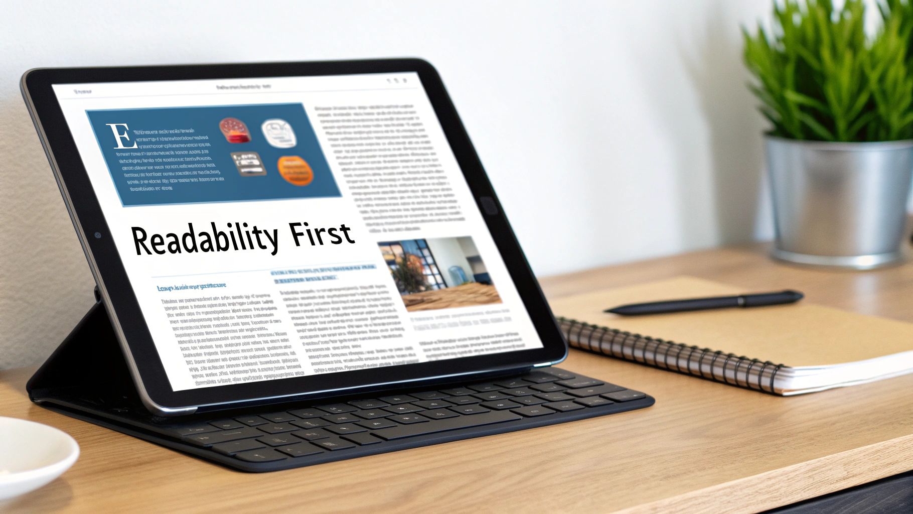 A tablet displaying an article titled "Readability First" on a wooden desk with a keyboard.
