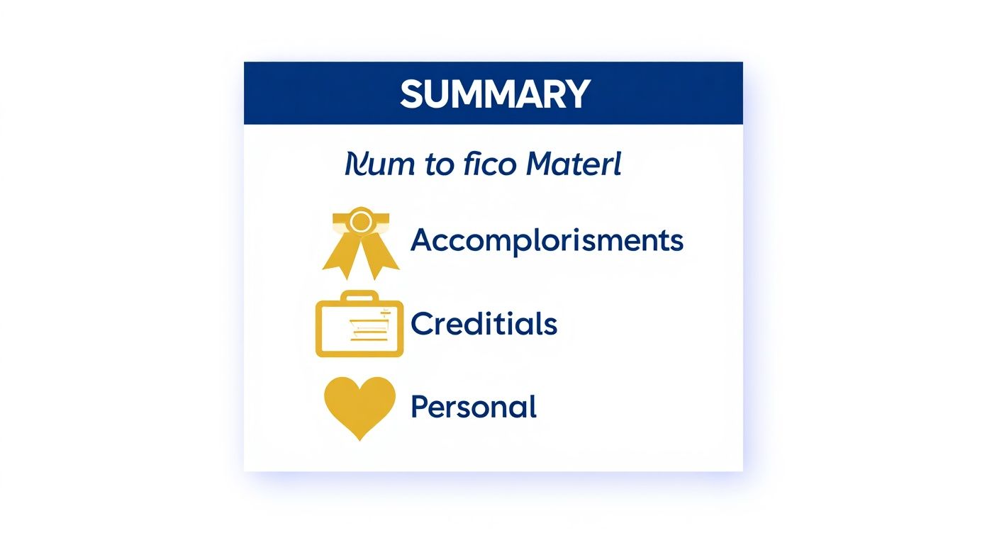 A white box titled 'SUMMARY' listing 'Num to fico Materl', 'Accomplishments', 'Credentials', and 'Personal' with gold icons.