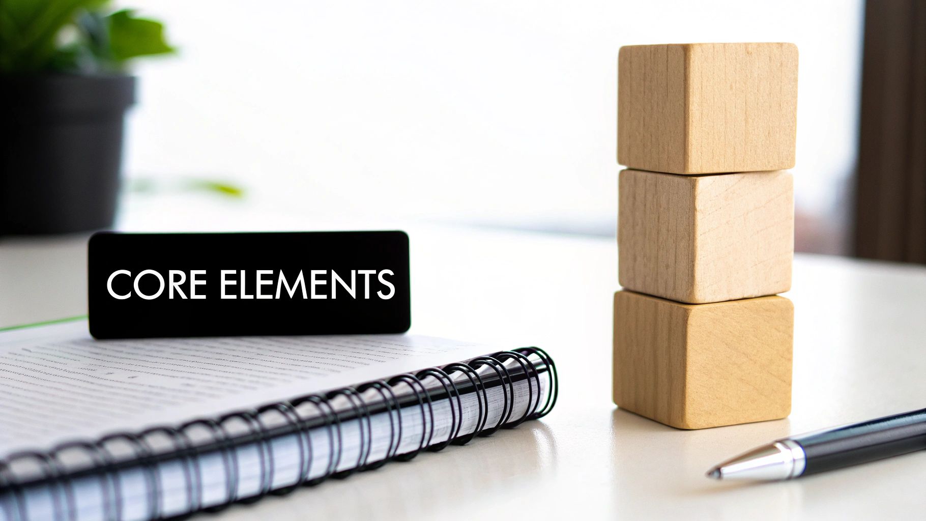 Three colorful wooden blocks stacked on a desk, symbolizing the core elements of a bio.