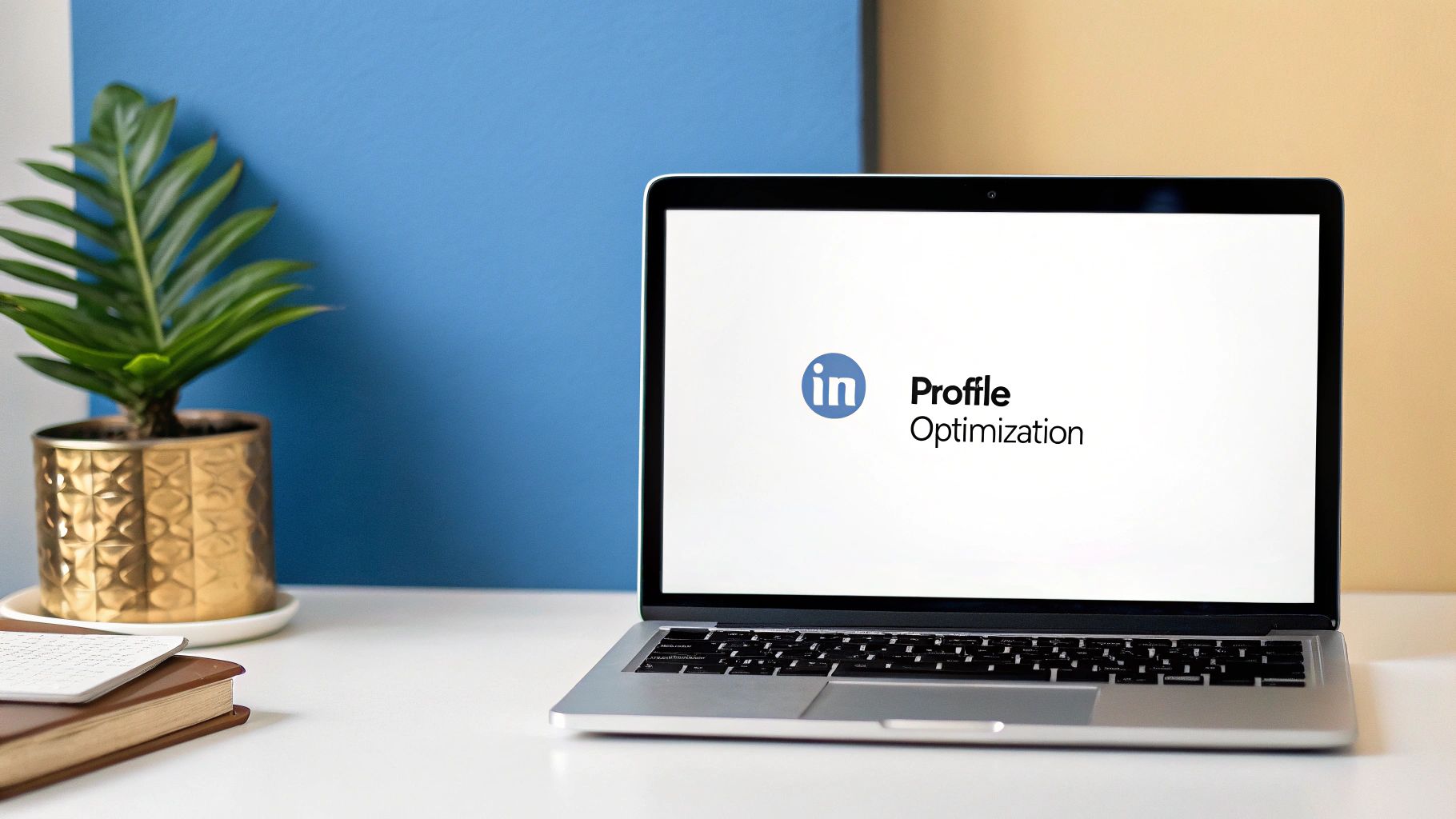 A professional woman optimizing her LinkedIn profile on a laptop