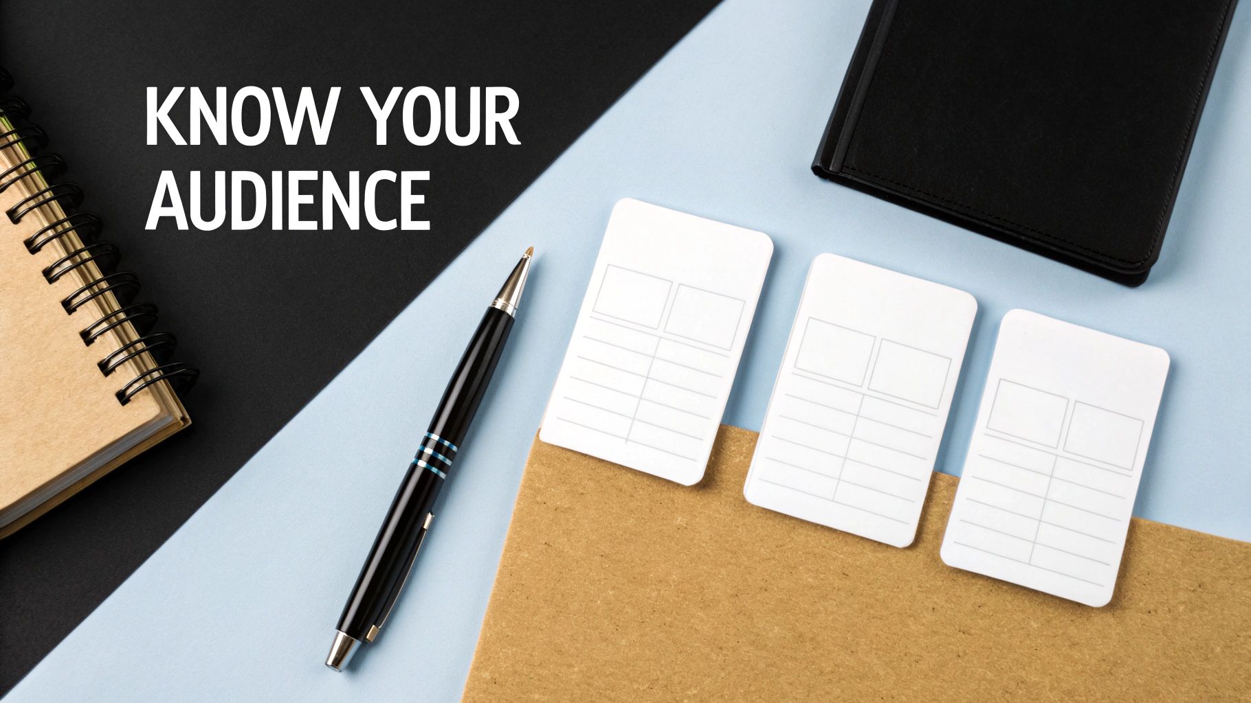 Know your audience text with organized planning cards, notebook, and pen on desk