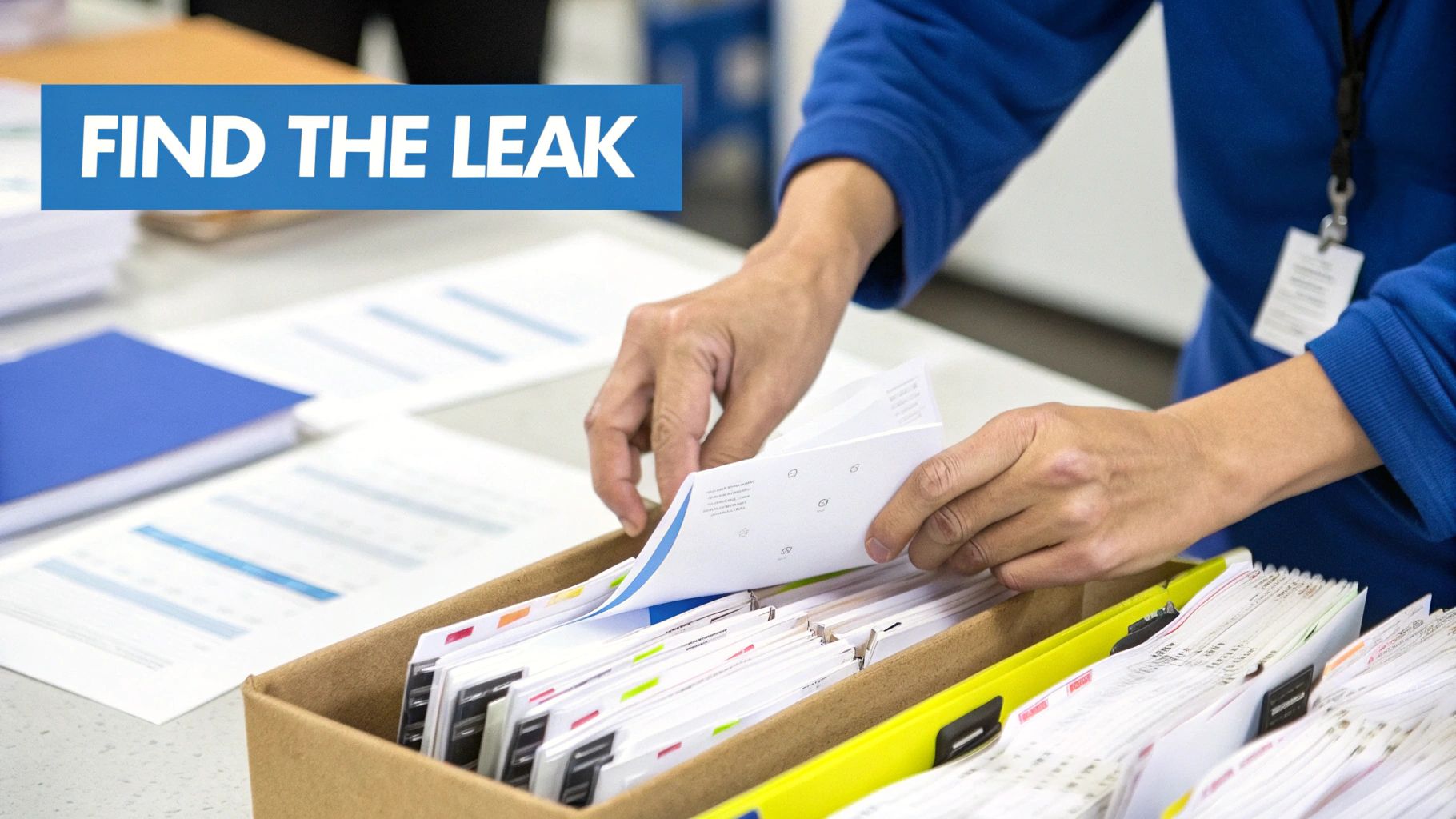 Person's hands in a blue shirt diligently sorting numerous paper documents into organized boxes.