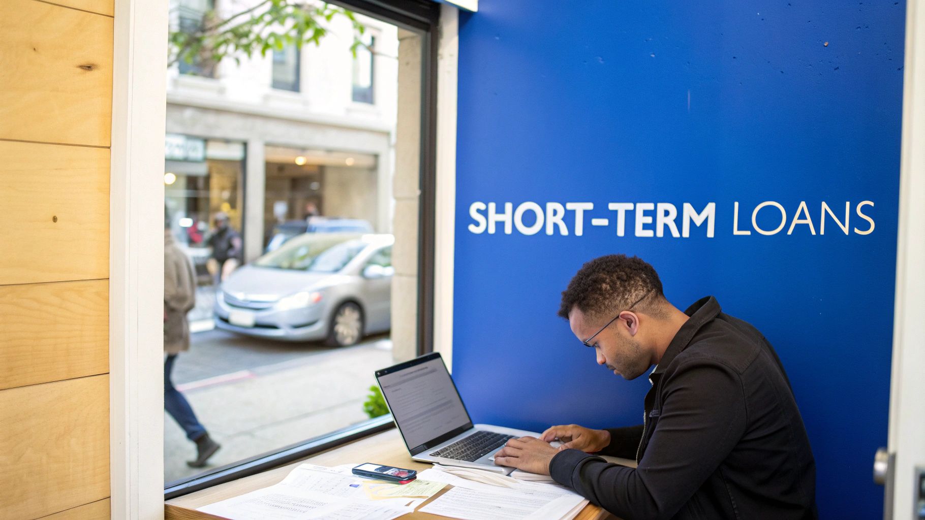 A man works on a laptop in an office with a blue wall advertising short-term loans.