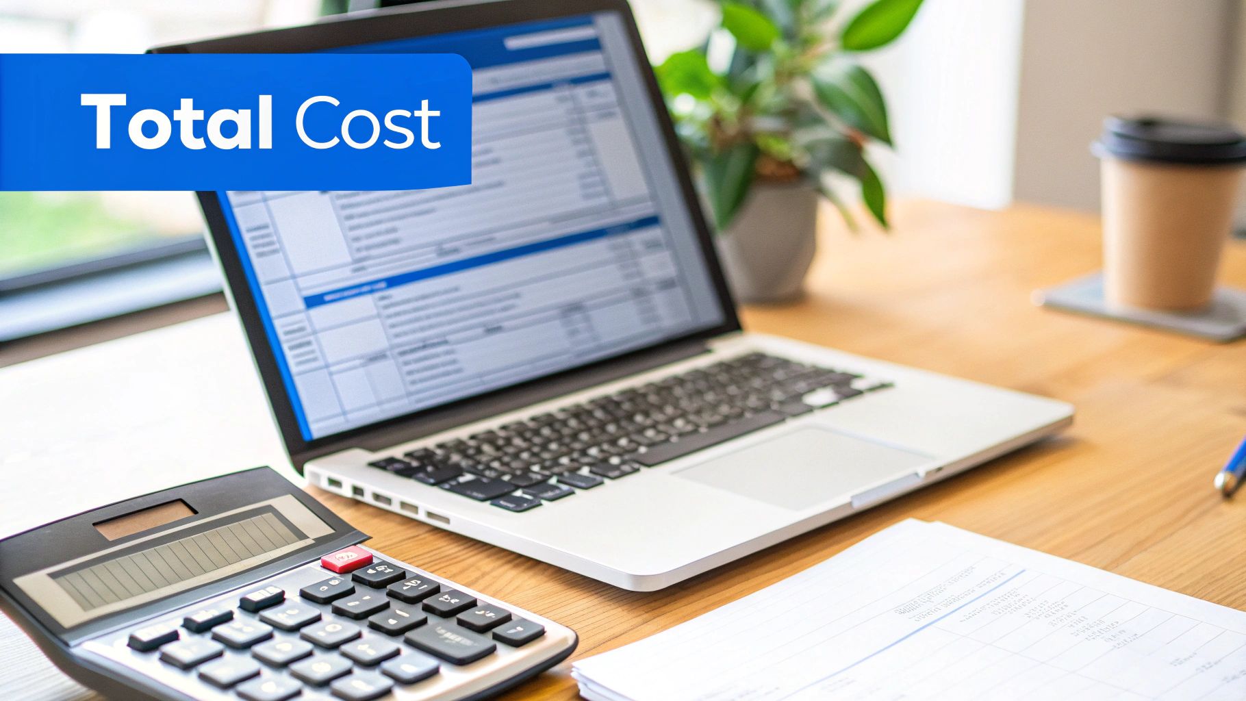 A calculator and laptop displaying financial data on a wooden desk, with a 'Total Cost' banner.