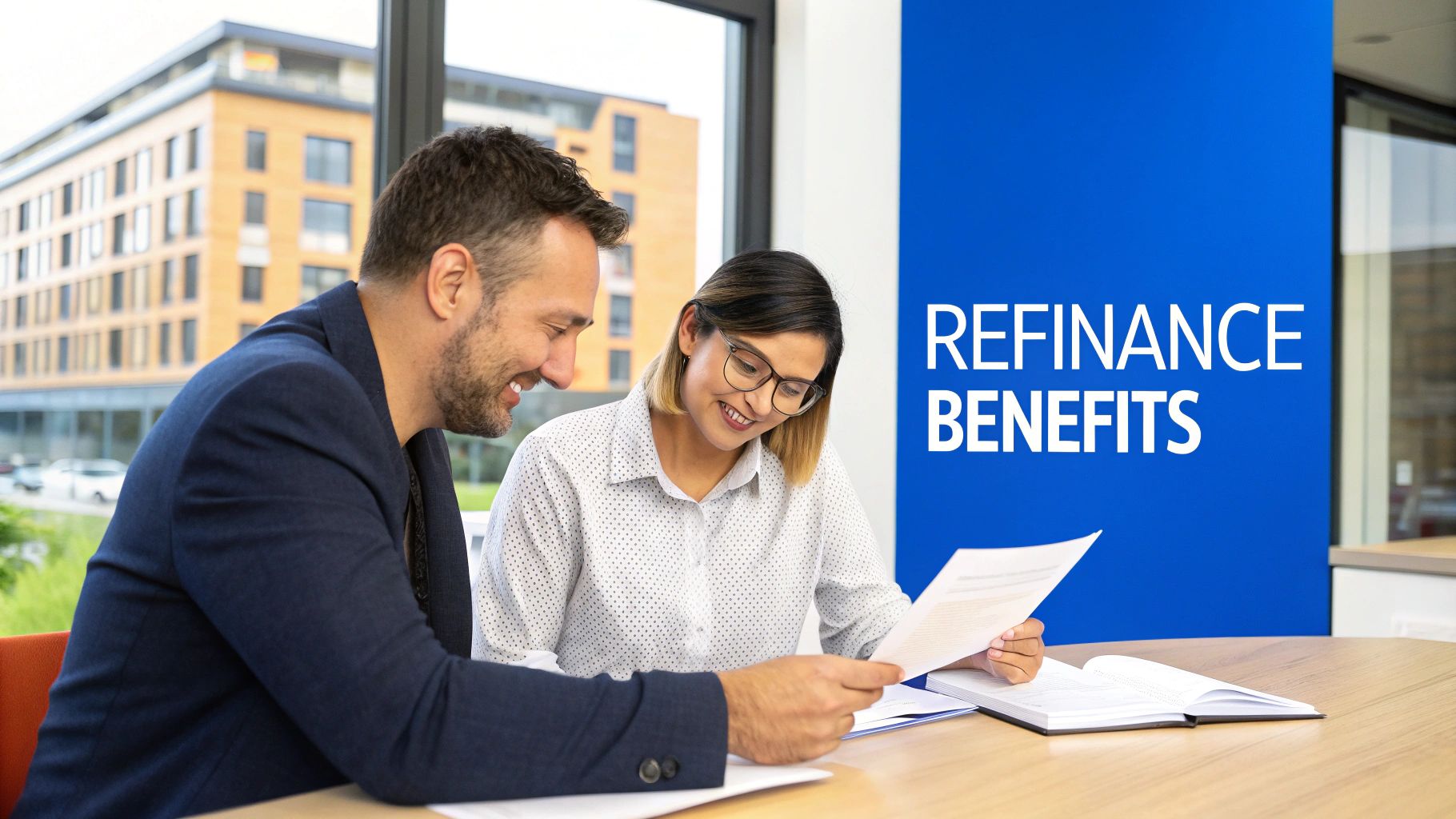 Two smiling professionals, a man and a woman, review refinance benefits documents at a table.