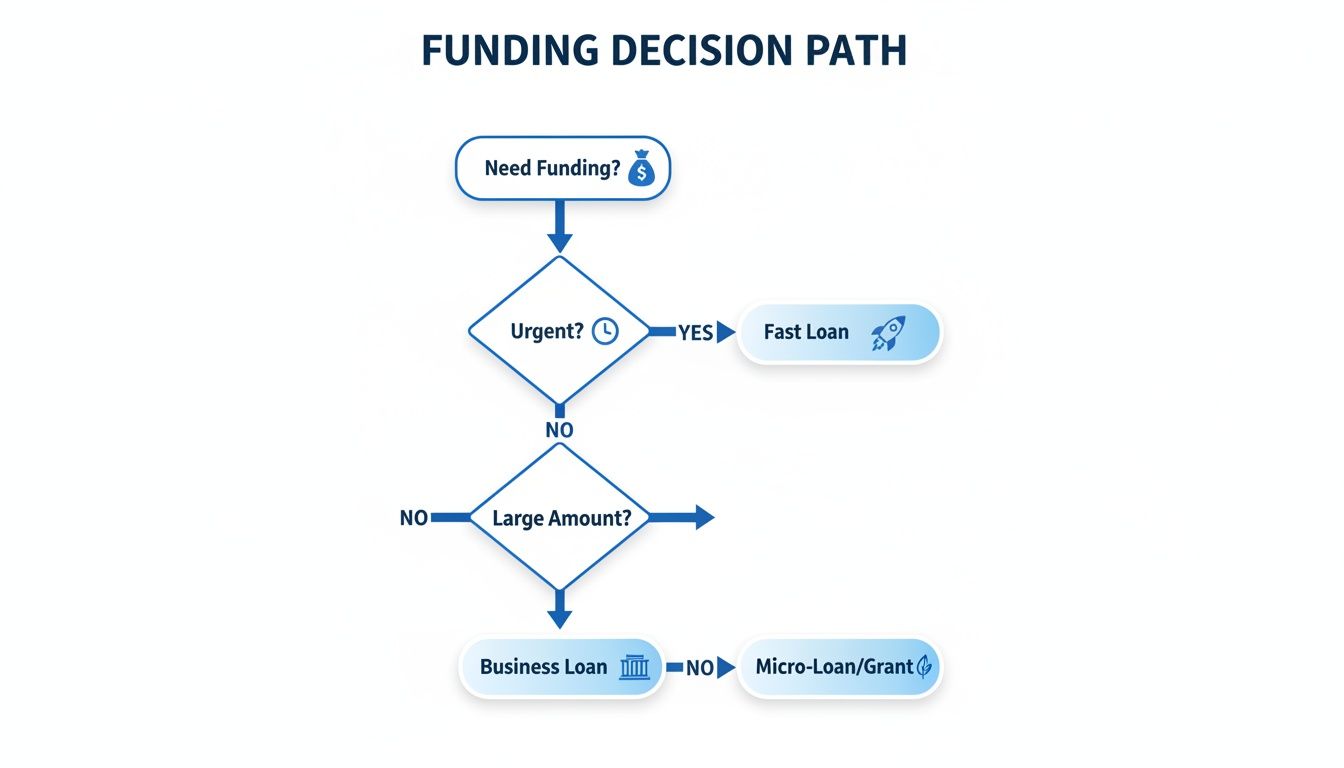 Flowchart illustrating a funding decision path, guiding users based on urgency and amount needed.