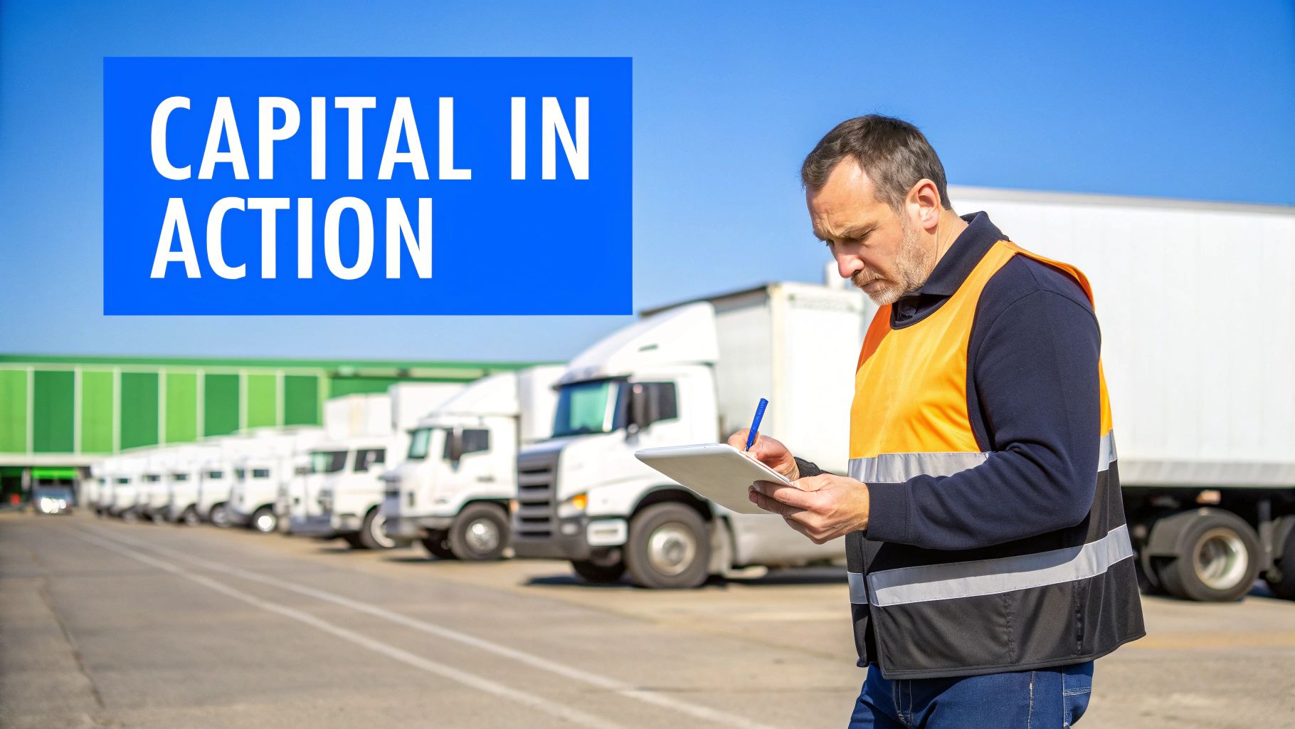 A logistics professional takes notes in front of a fleet of white trucks, with a "Capital in Action" banner.