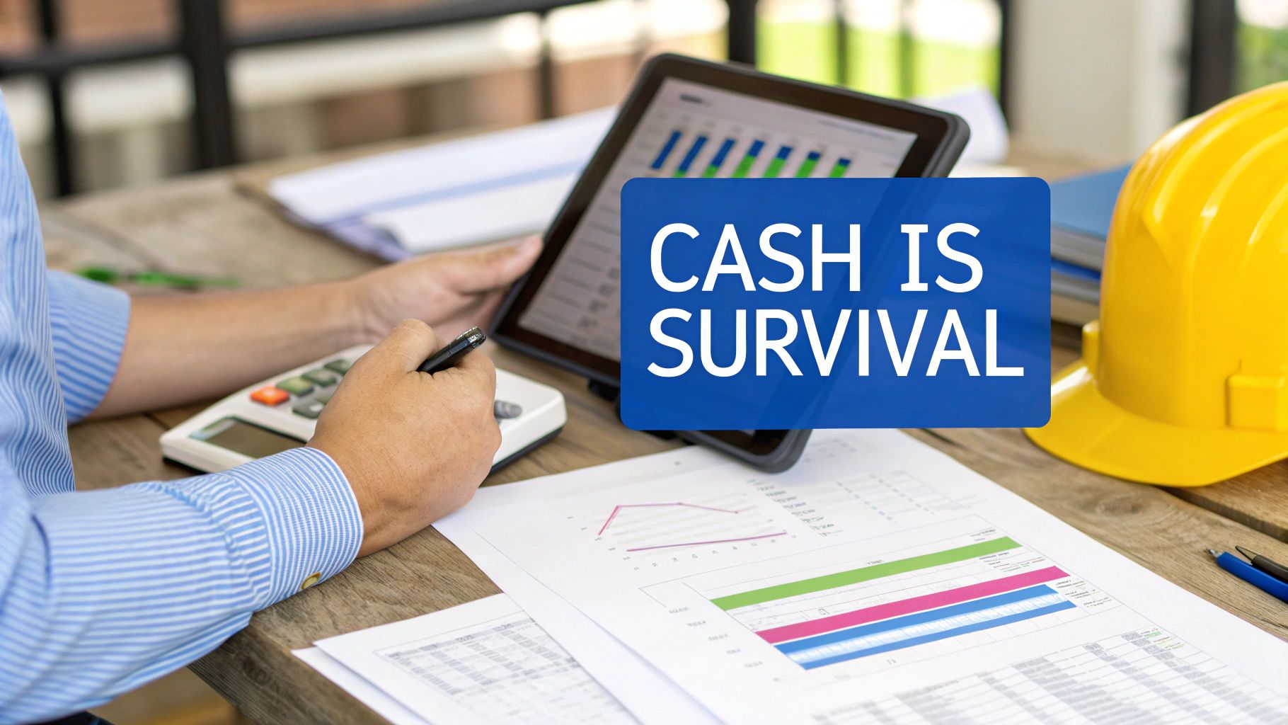 A person calculates finances at a desk with a tablet displaying charts and a 'CASH IS SURVIVAL' sign, symbolizing business financial management.