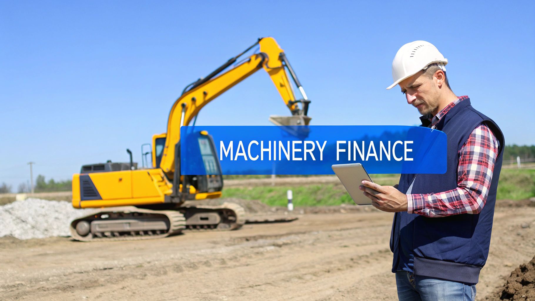 Construction worker in hard hat reviewing machinery finance on a tablet at a job site with an excavator.