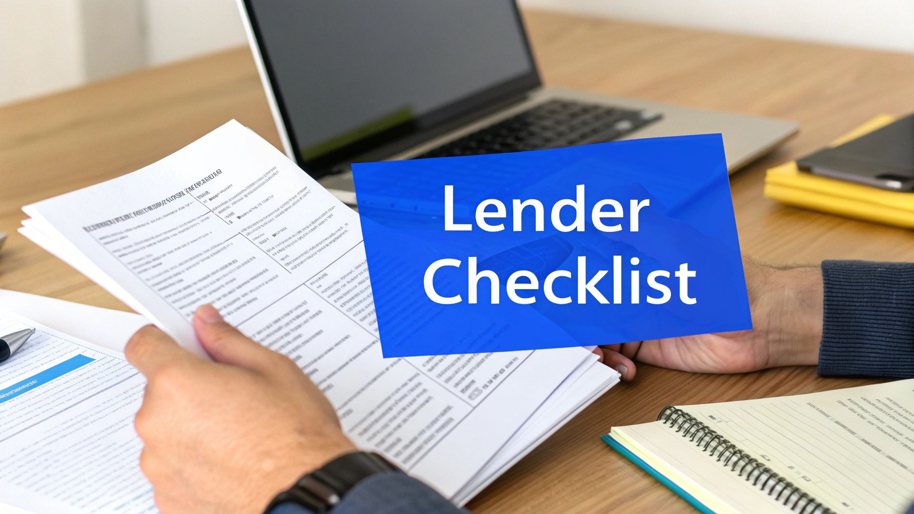 A person holds financial documents with a laptop, and a 'Lender Checklist' overlay on a wooden desk.