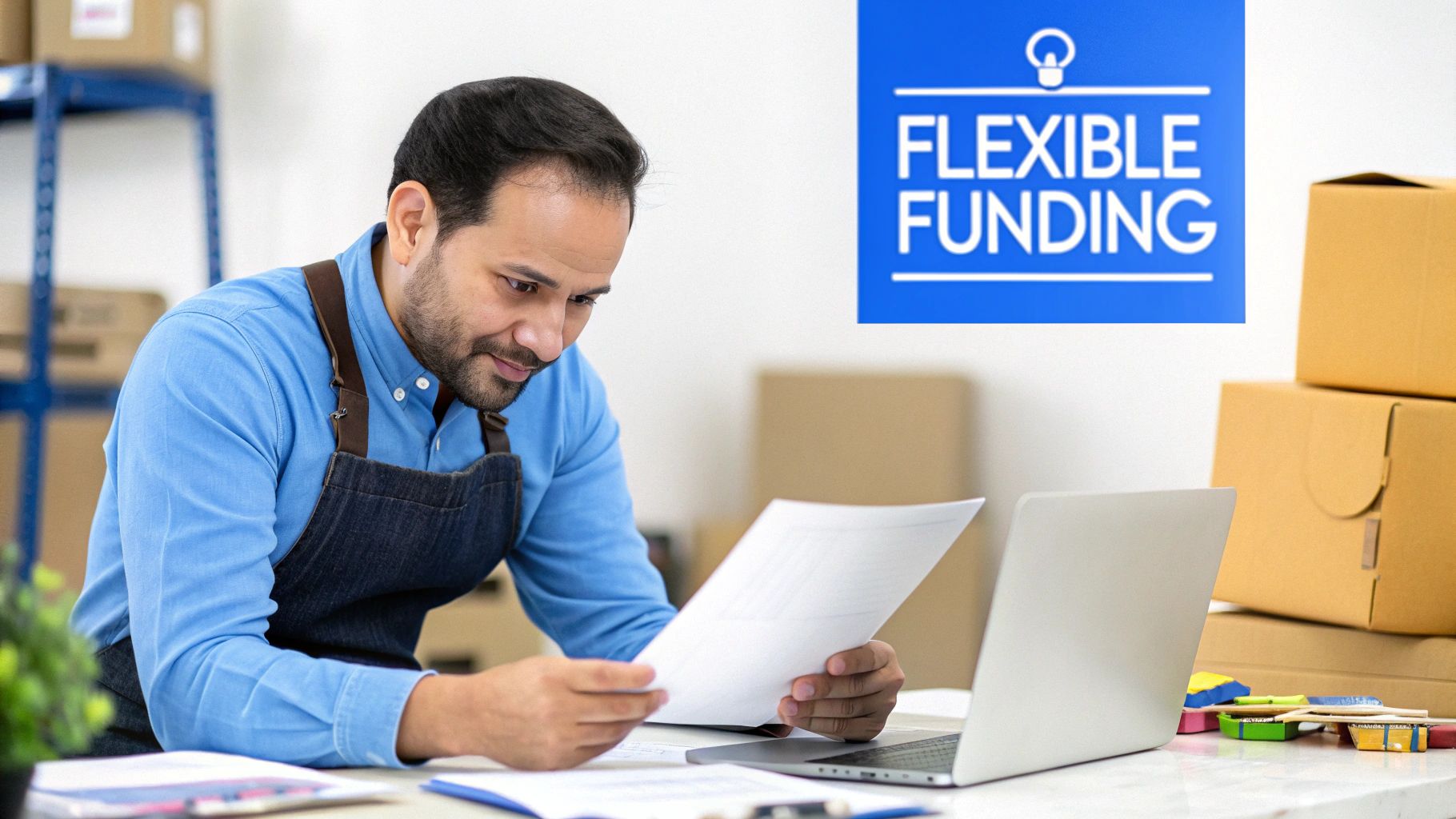 Smiling man in apron reviewing business documents and working on laptop with 'Flexible Funding' sign.