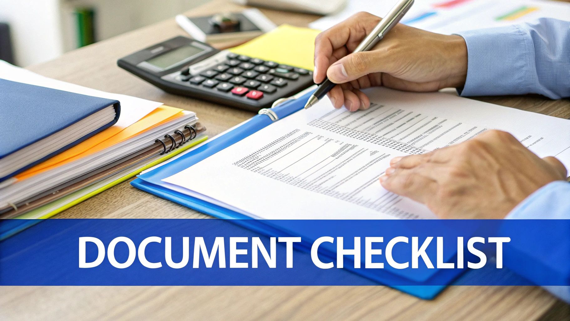 A person reviews financial documents with a pen and calculator on a desk, showing 'DOCUMENT CHECKLIST'.