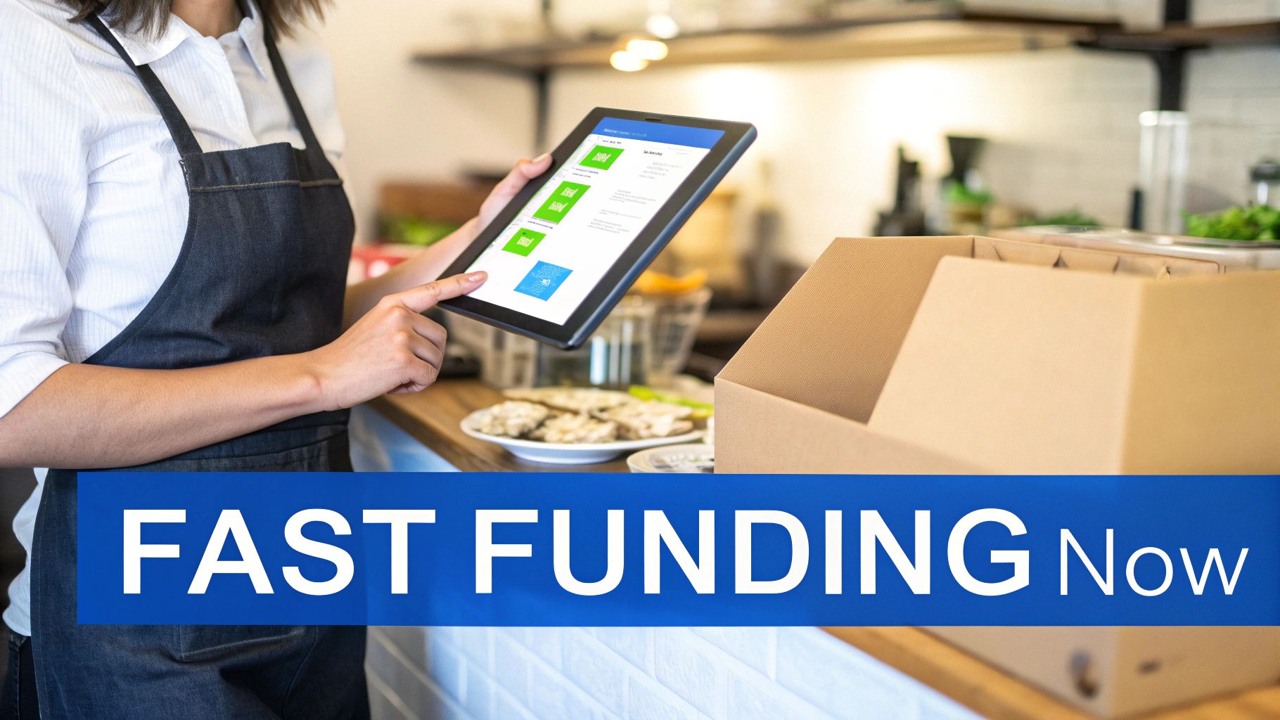 A business owner in an apron uses a tablet, possibly for fast funding or managing operations in a cafe.