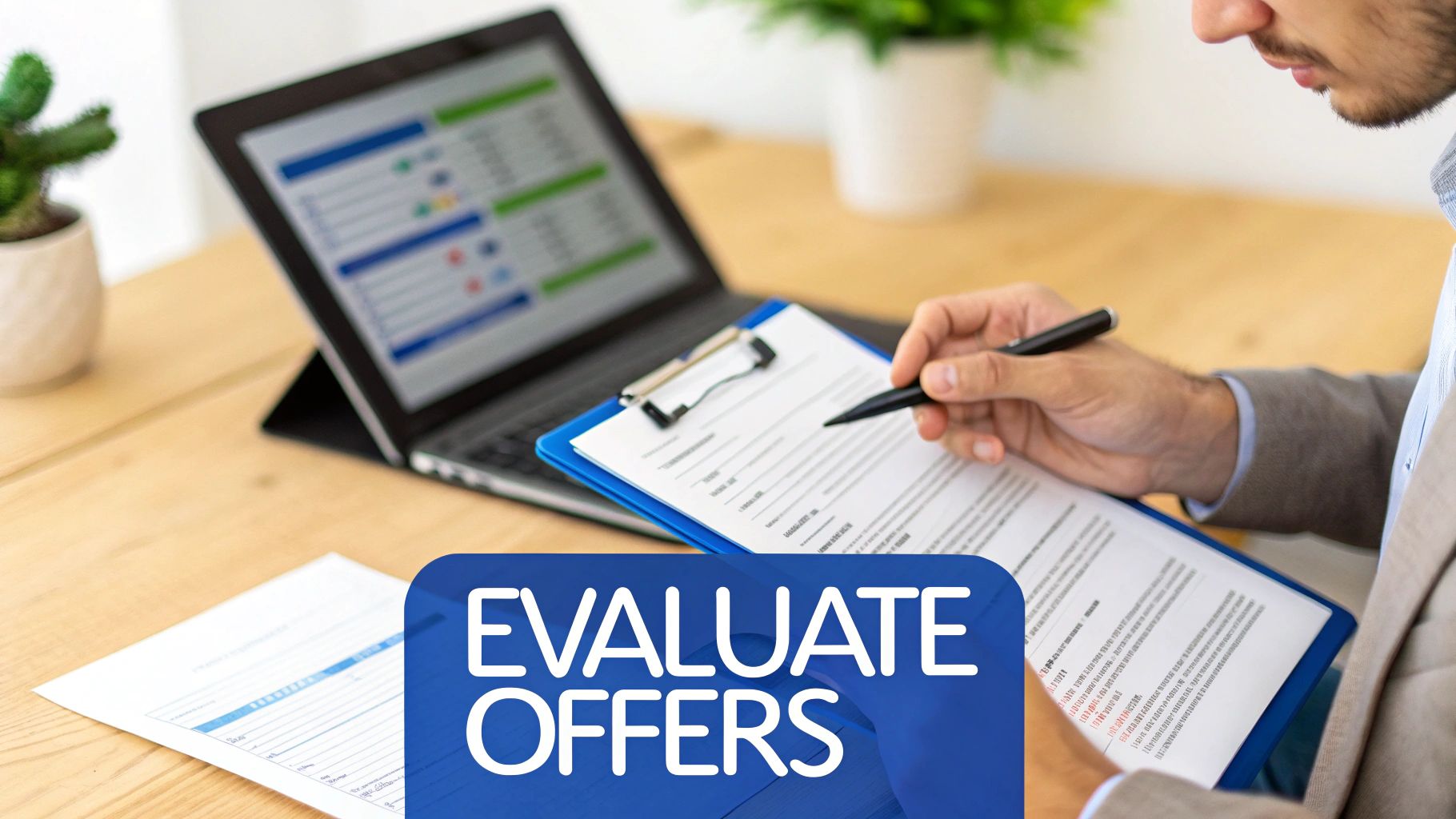 A man evaluates offers on a document, holding a pen, with a laptop and plants in the background.