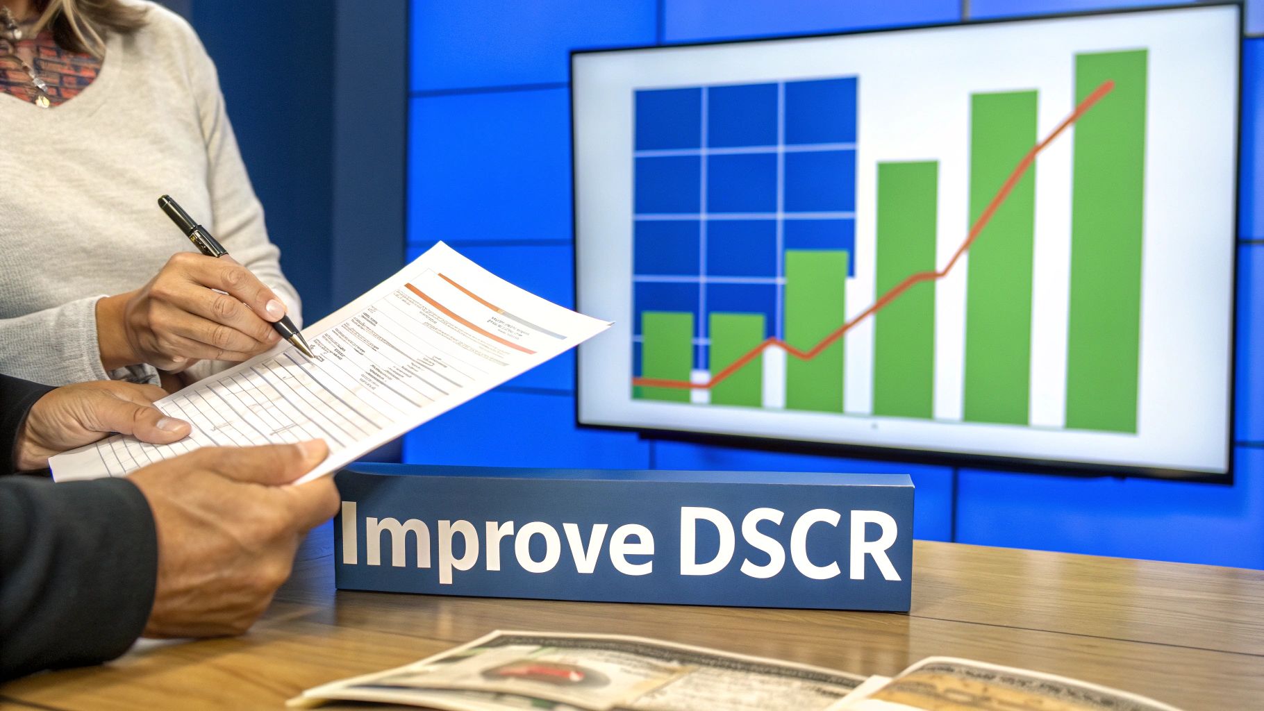 Two people discussing documents with a pen, a 'Improve DSCR' sign, and a rising financial chart on a screen.