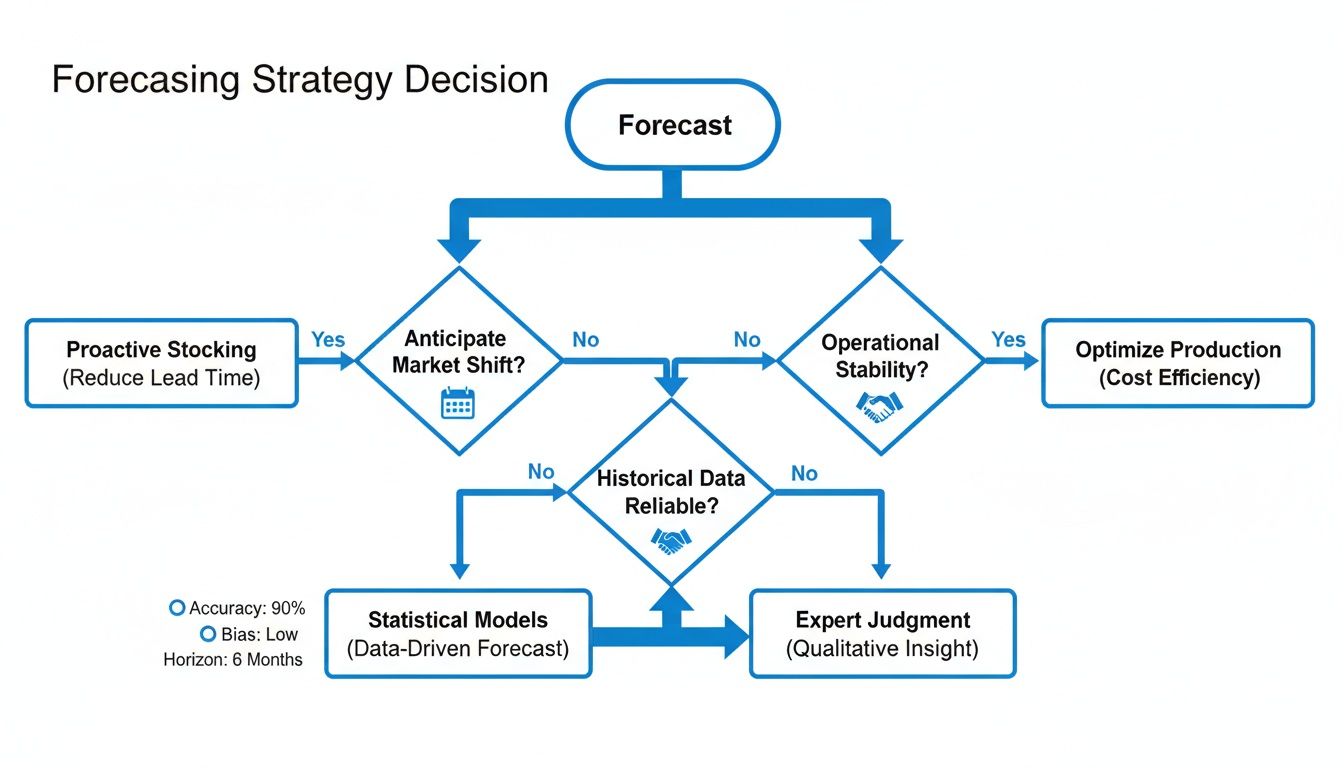 Flowchart outlining a forecasting strategy decision process, considering market shifts, operational stability, and data reliability.
