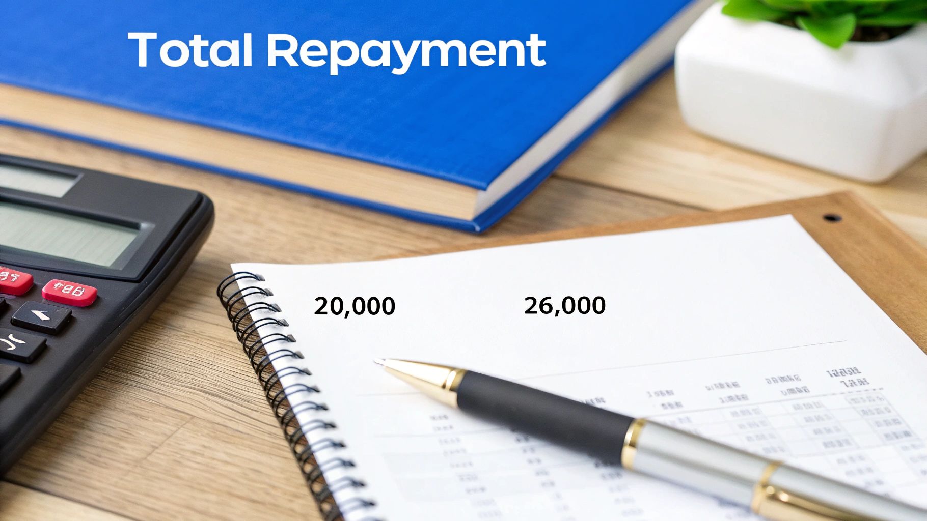 A desk with a calculator, a notebook showing '20,000' and '26,000', a pen, and text 'Total Repayment'.