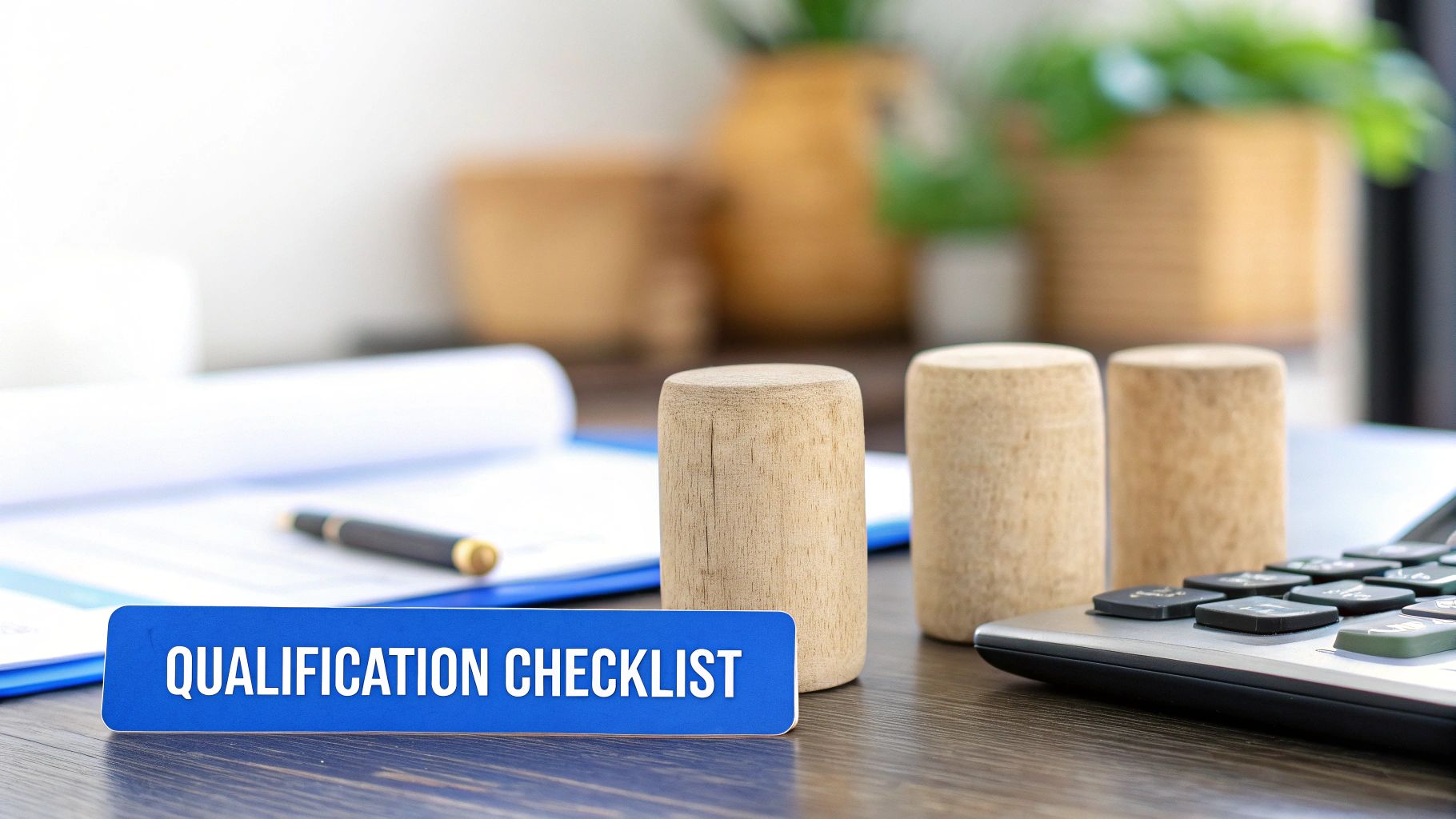 A blue sign reading 'QUALIFICATION CHECKLIST' on a wooden desk with documents, a pen, and a calculator.
