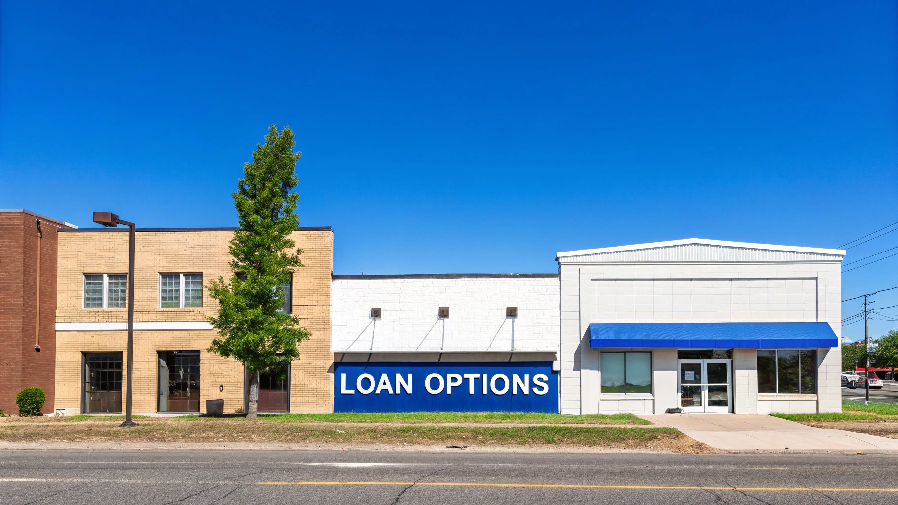 A row of diverse commercial buildings, including one with a prominent 'LOAN OPTIONS' sign, under a clear blue sky.