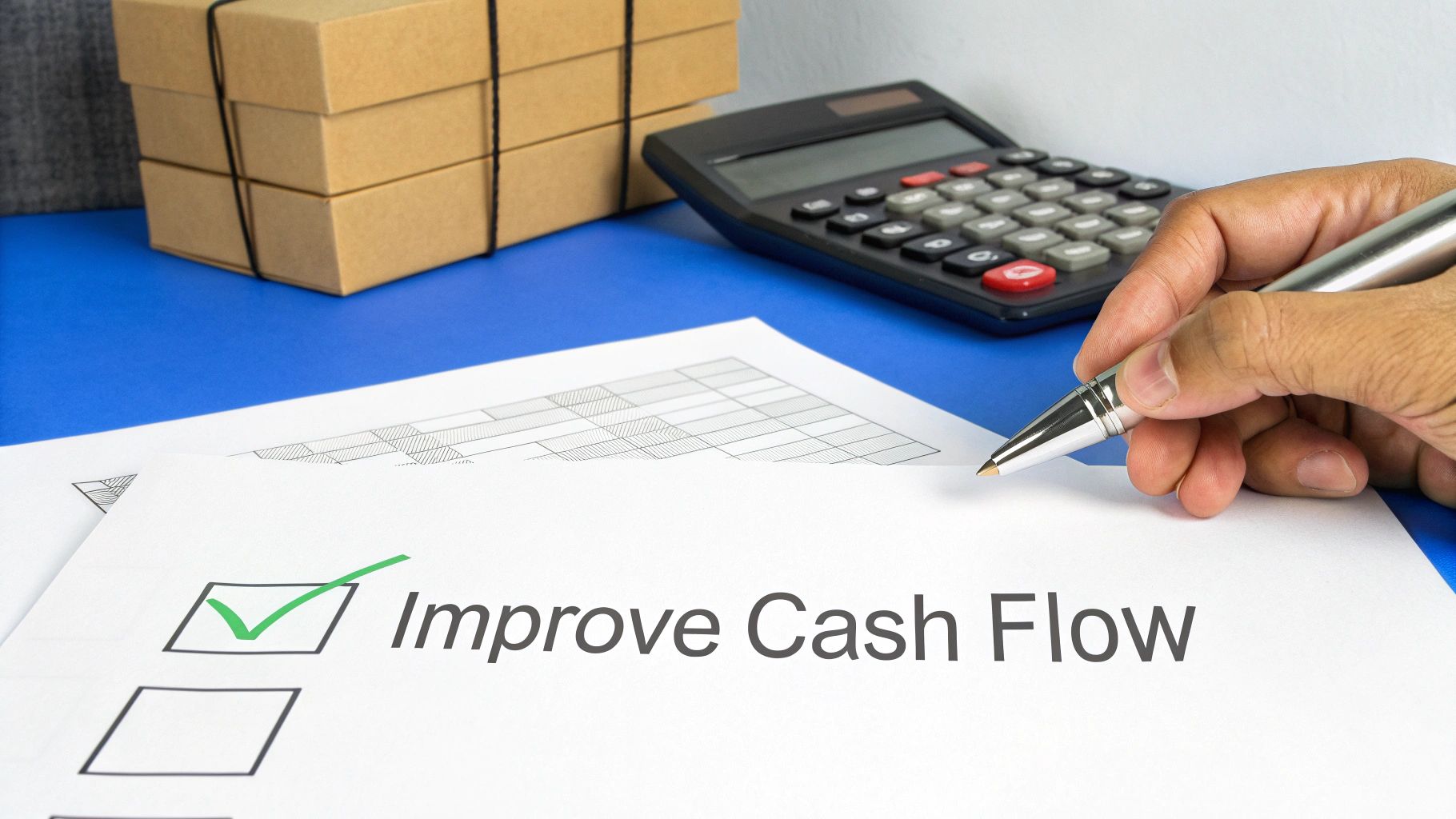 A hand checks 'Improve Cash Flow' on a checklist, with a calculator and boxes in the background, symbolizing financial planning.
