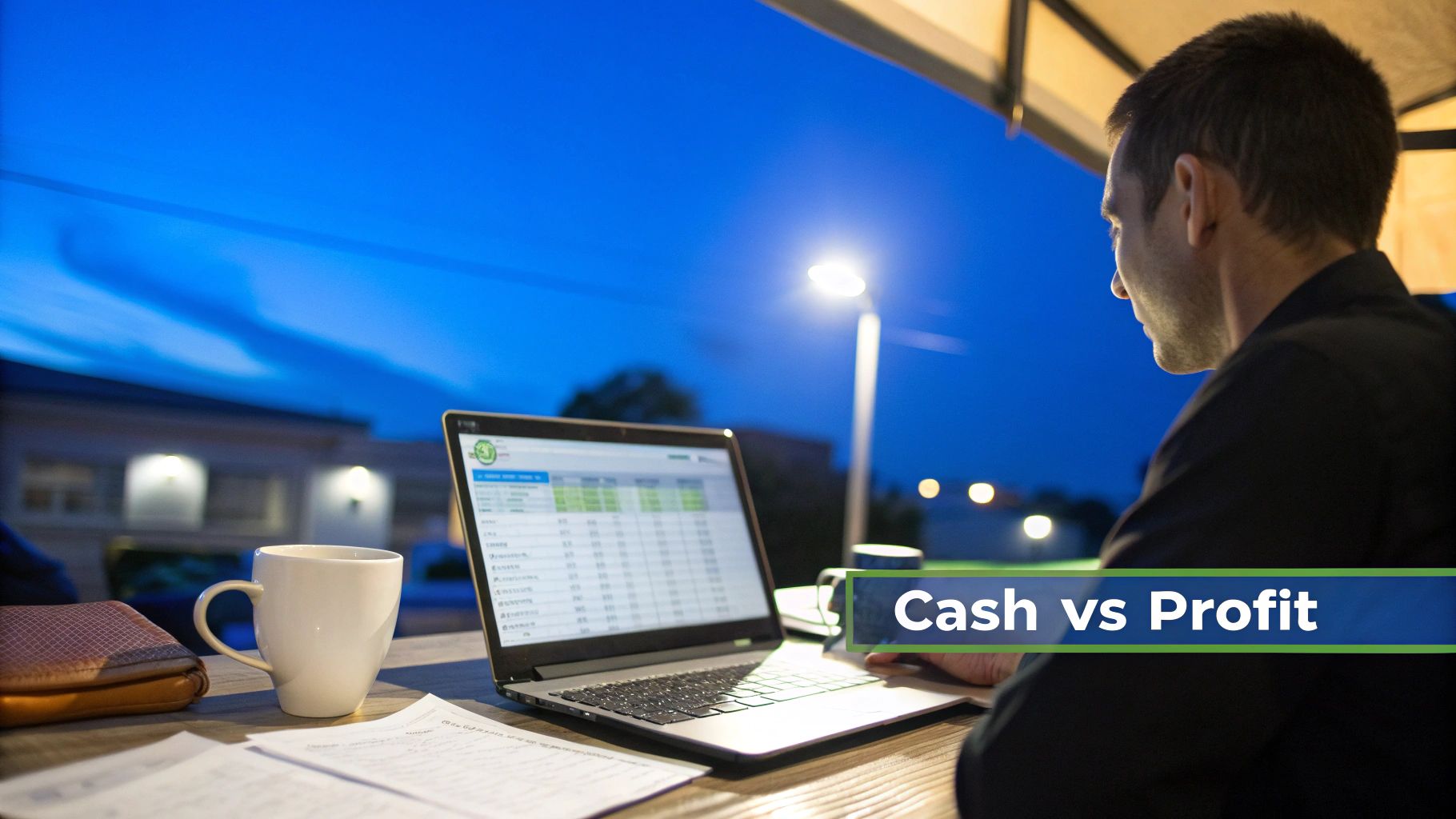 Man working on a laptop showing financial data and 'Cash vs Profit' overlay, outdoors at dusk.