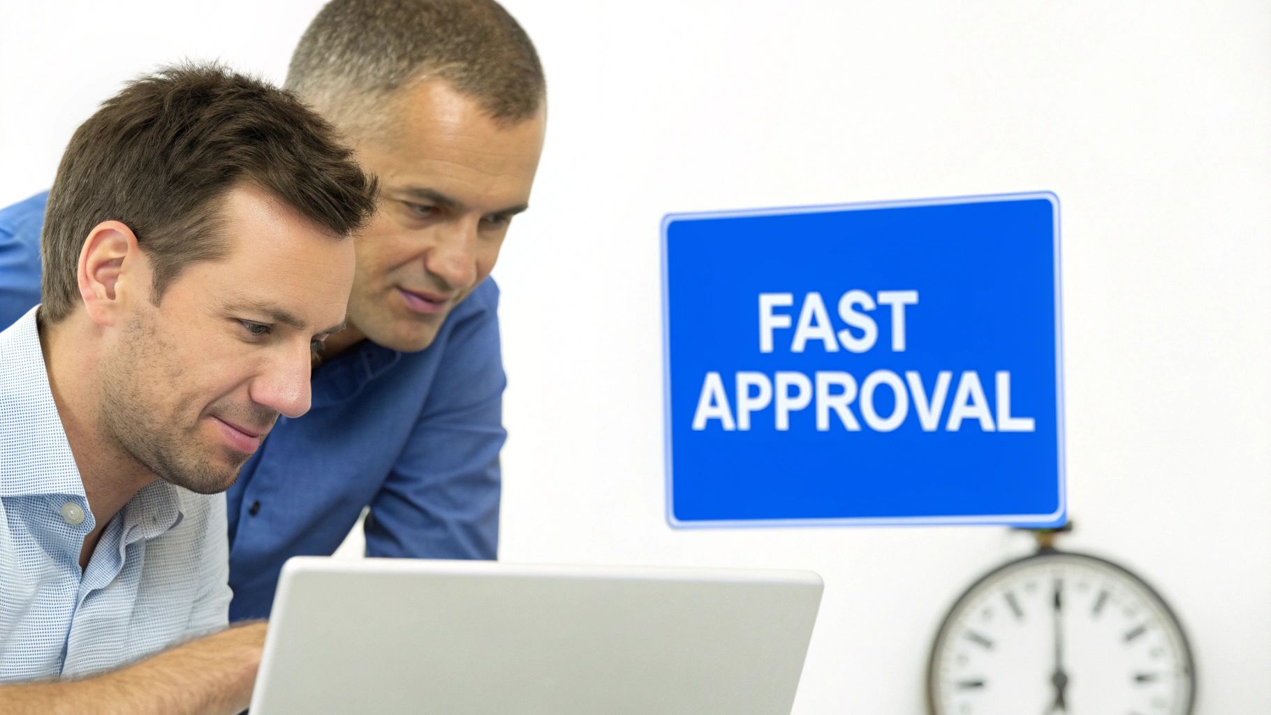 Two men reviewing fast approval information on a laptop, emphasizing speed and efficiency.