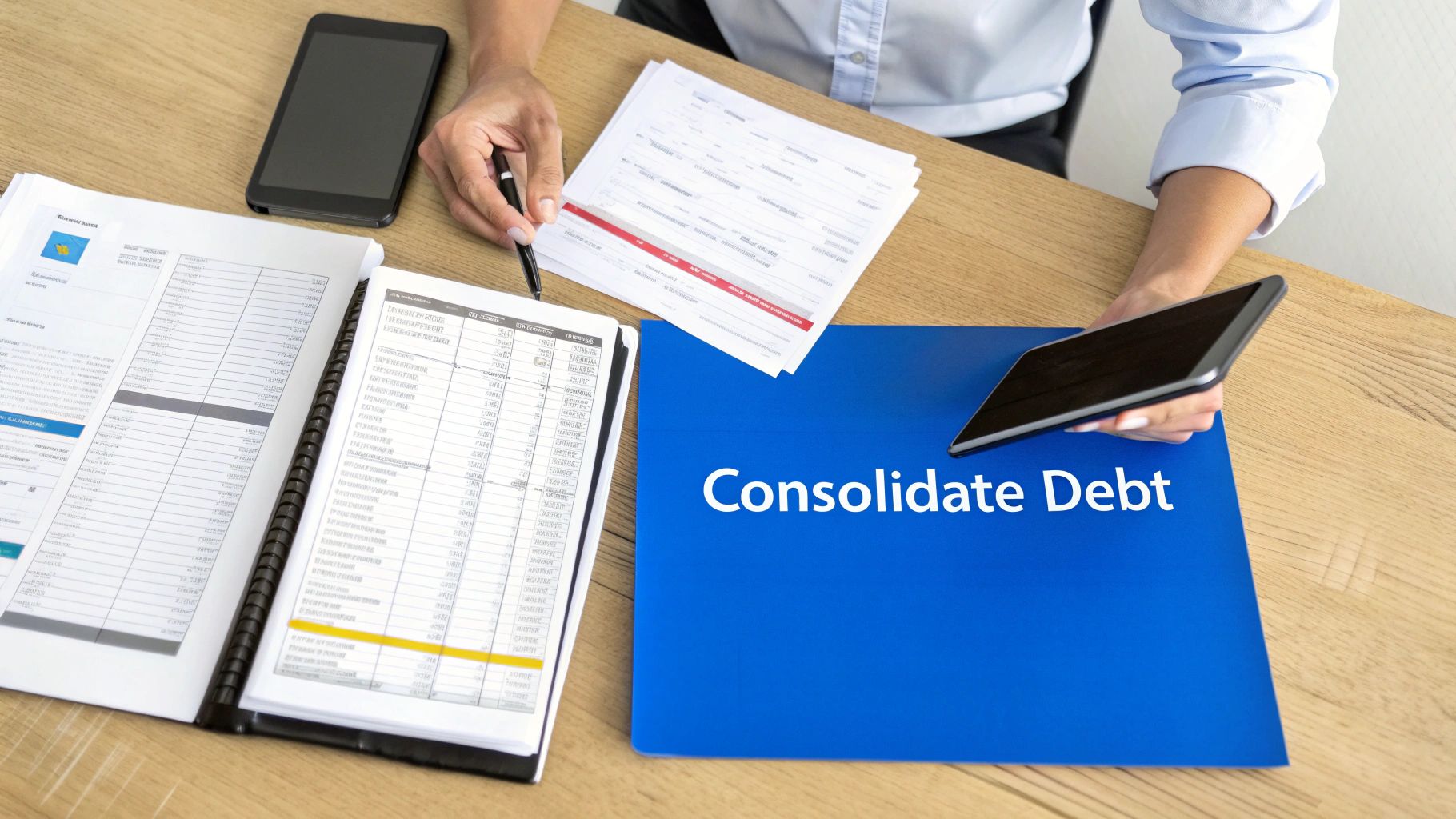 Person at desk reviewing financial documents and a 'Consolidate Debt' folder.