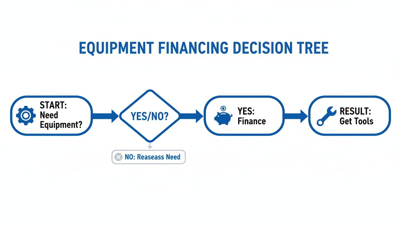 A flowchart showing an equipment financing decision tree, from needing equipment to getting tools.
