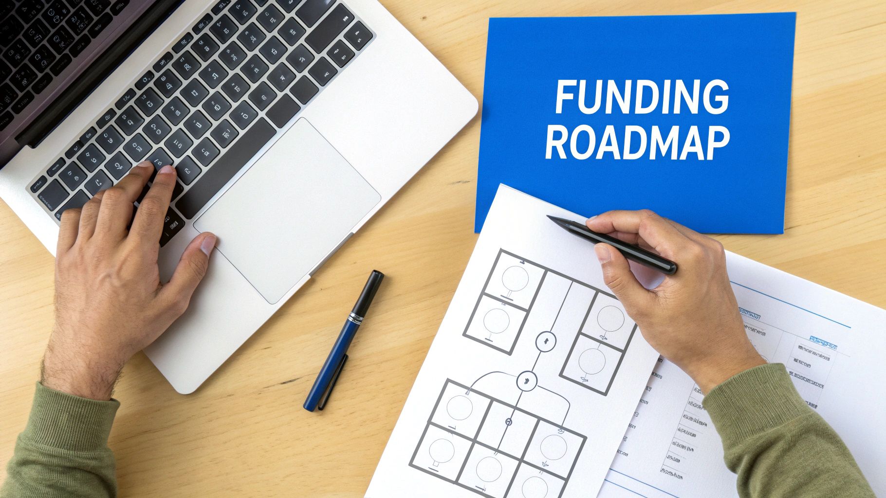 Overhead view of hands working on a laptop and reviewing a funding roadmap document.