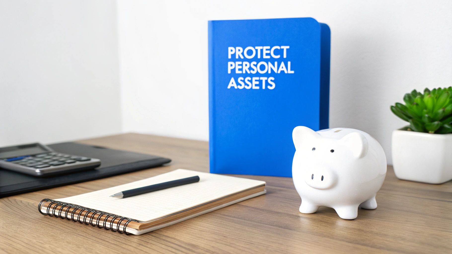A desk with a blue "Protect Personal Assets" book, piggy bank, calculator, and notebook.