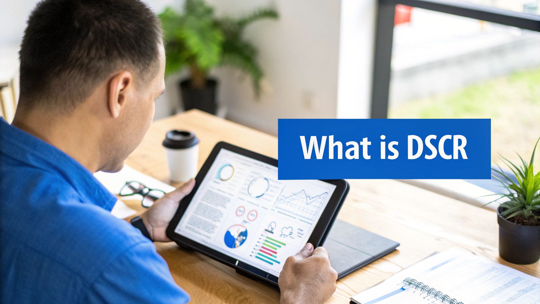 Person reviewing financial data on a tablet with 'What is DSCR' text overlay, in an office setting.