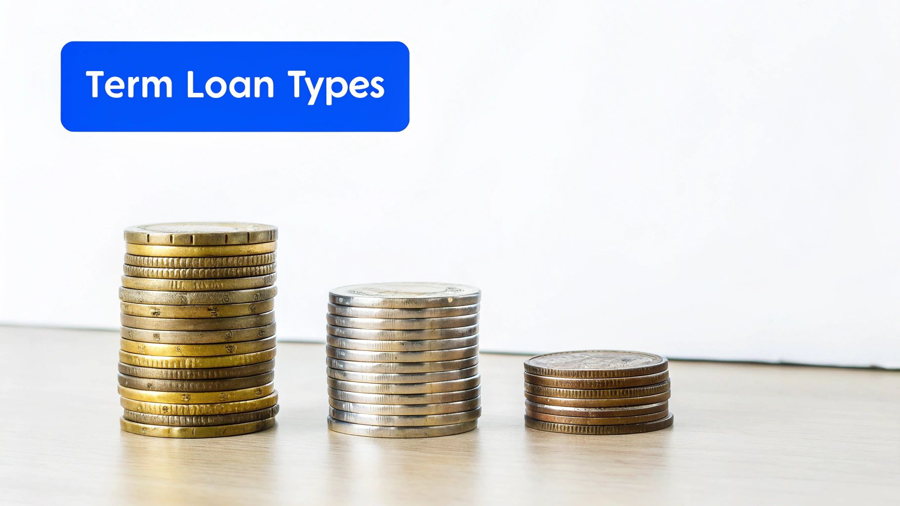 A blue banner displays 'Term Loan Types' above three stacks of coins on a wooden surface.