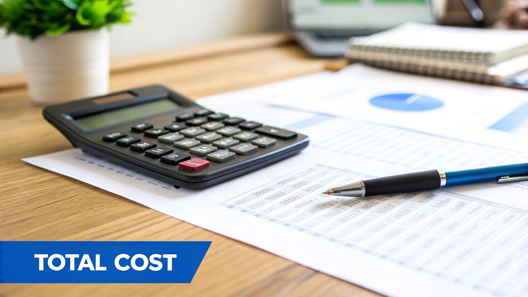 A calculator, pen, and financial documents with a pie chart on a wooden desk, labeled 'TOTAL COST'.