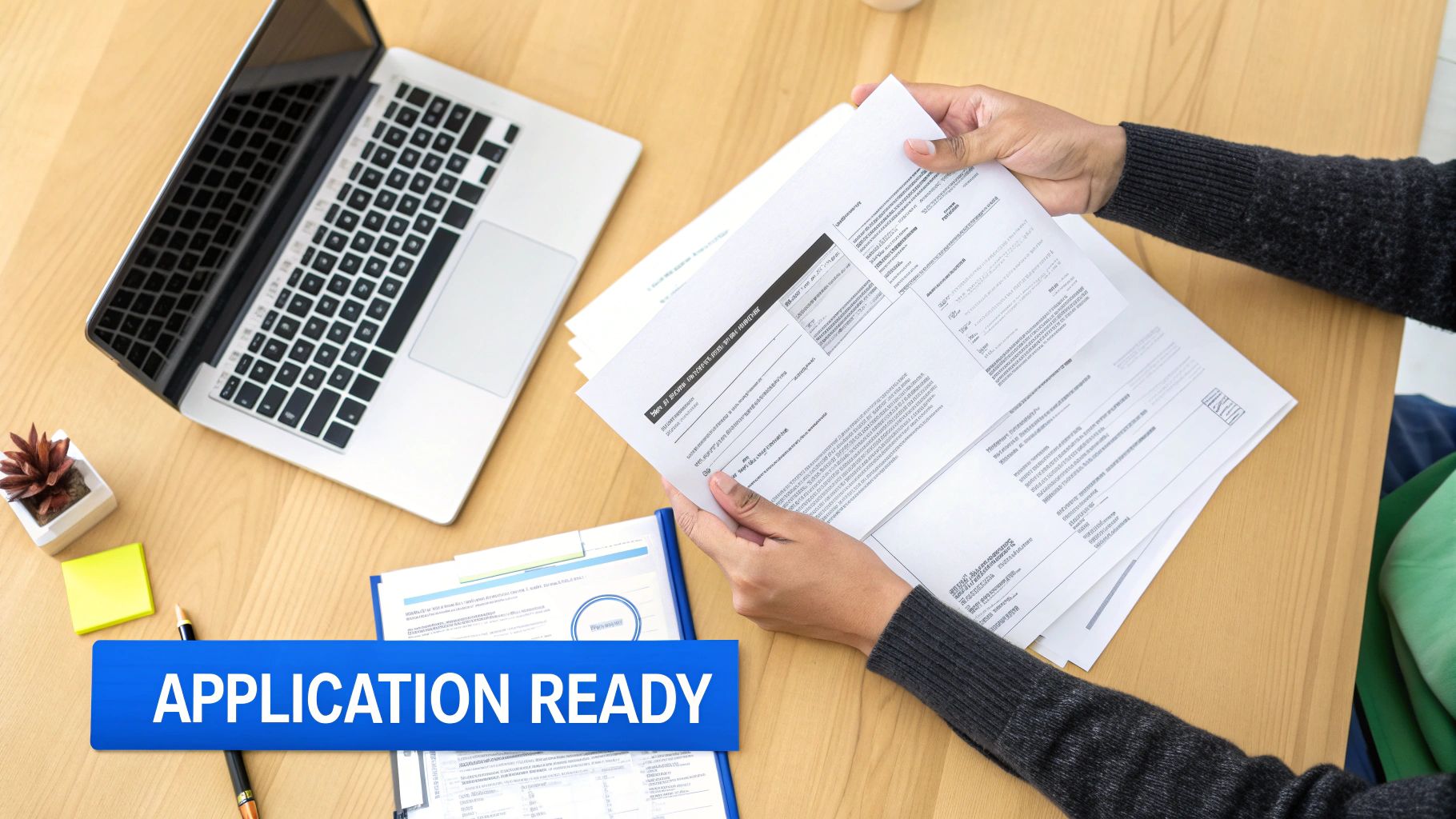 An overhead view of a person reviewing application documents on a wooden desk with a laptop and plant.