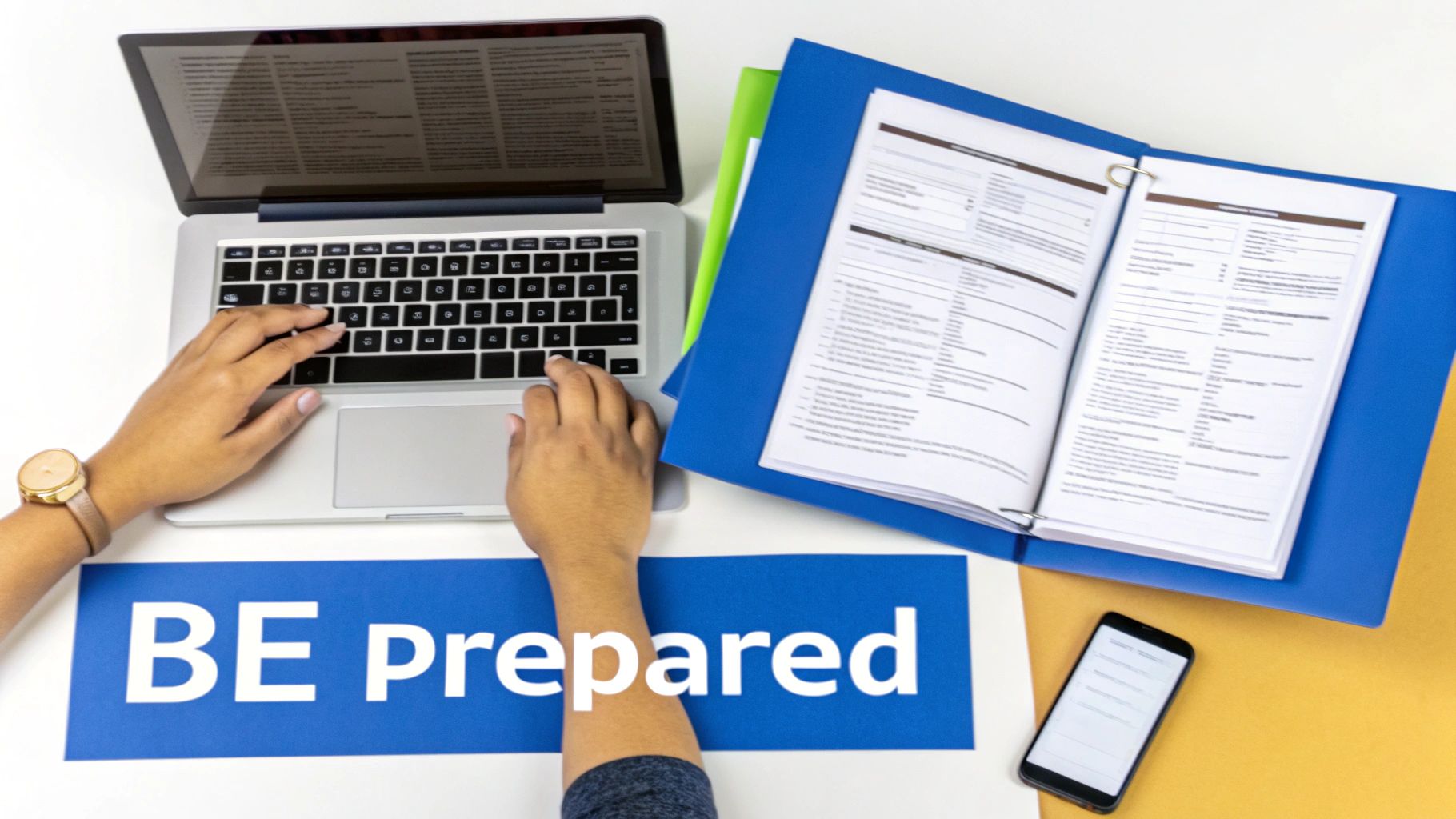 Overhead shot of hands typing on a laptop next to an open binder, folders, and a 'BE Prepared' sign.