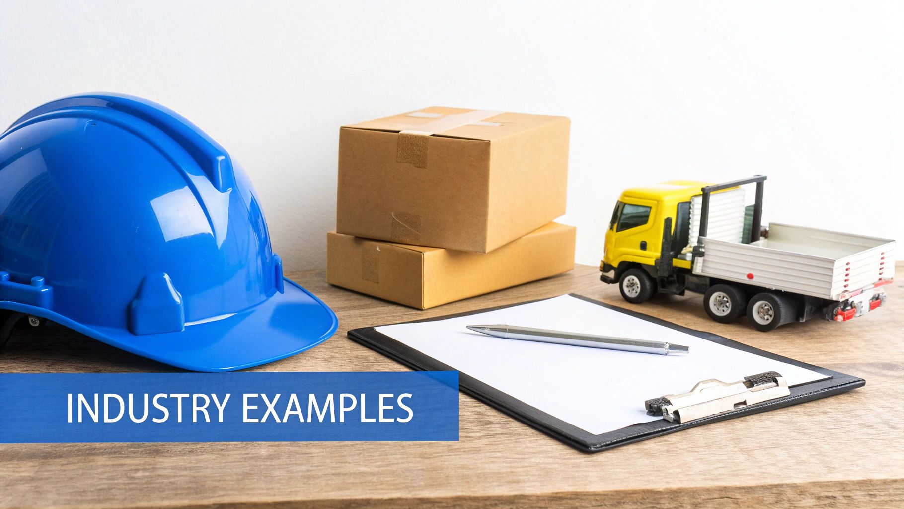 A blue hard hat, cardboard boxes, toy truck, clipboard, and pen symbolize various industry examples.