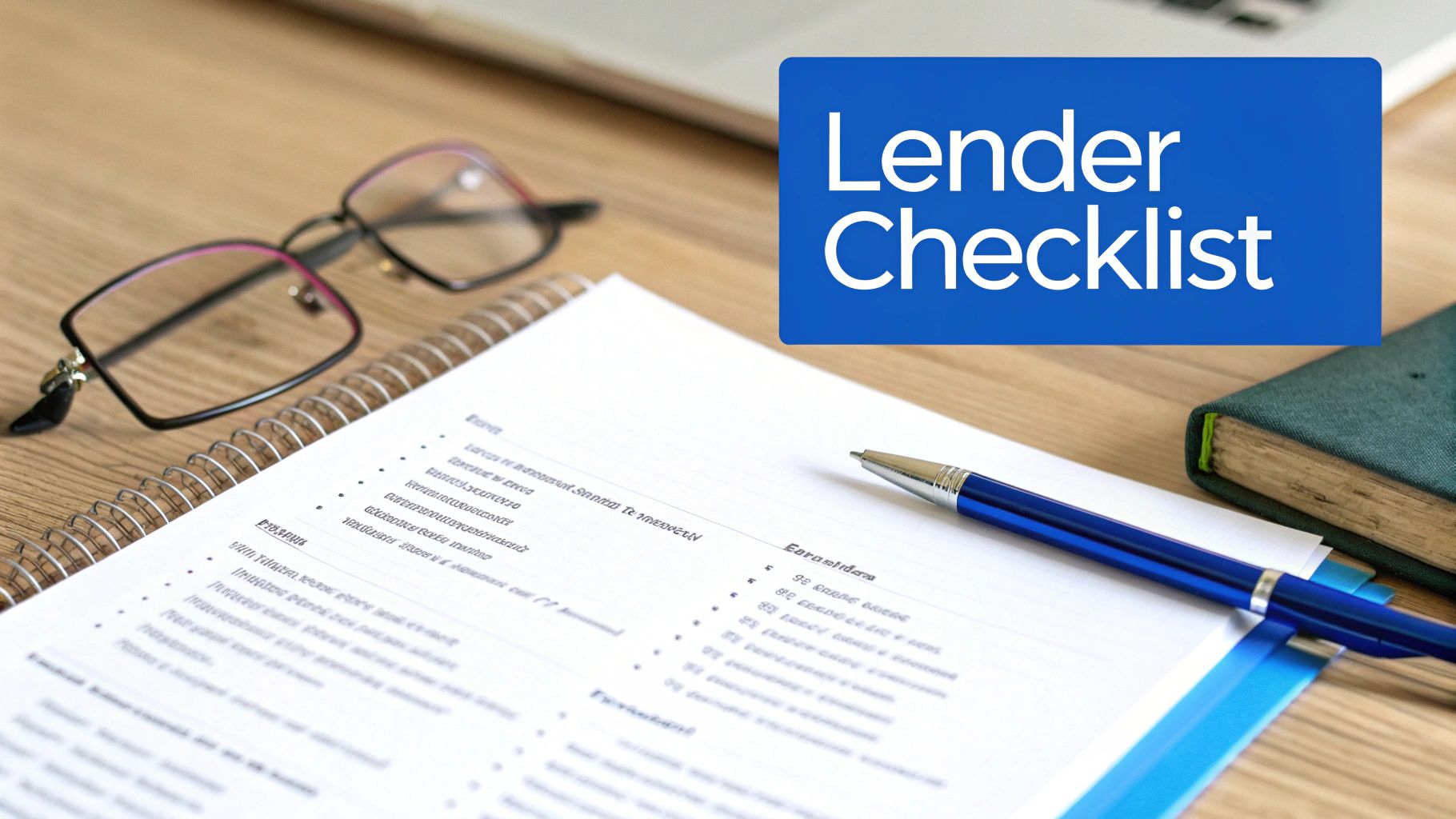 A business desk setup with a 'Lender Checklist' sign, notebook, pen, and reading glasses.
