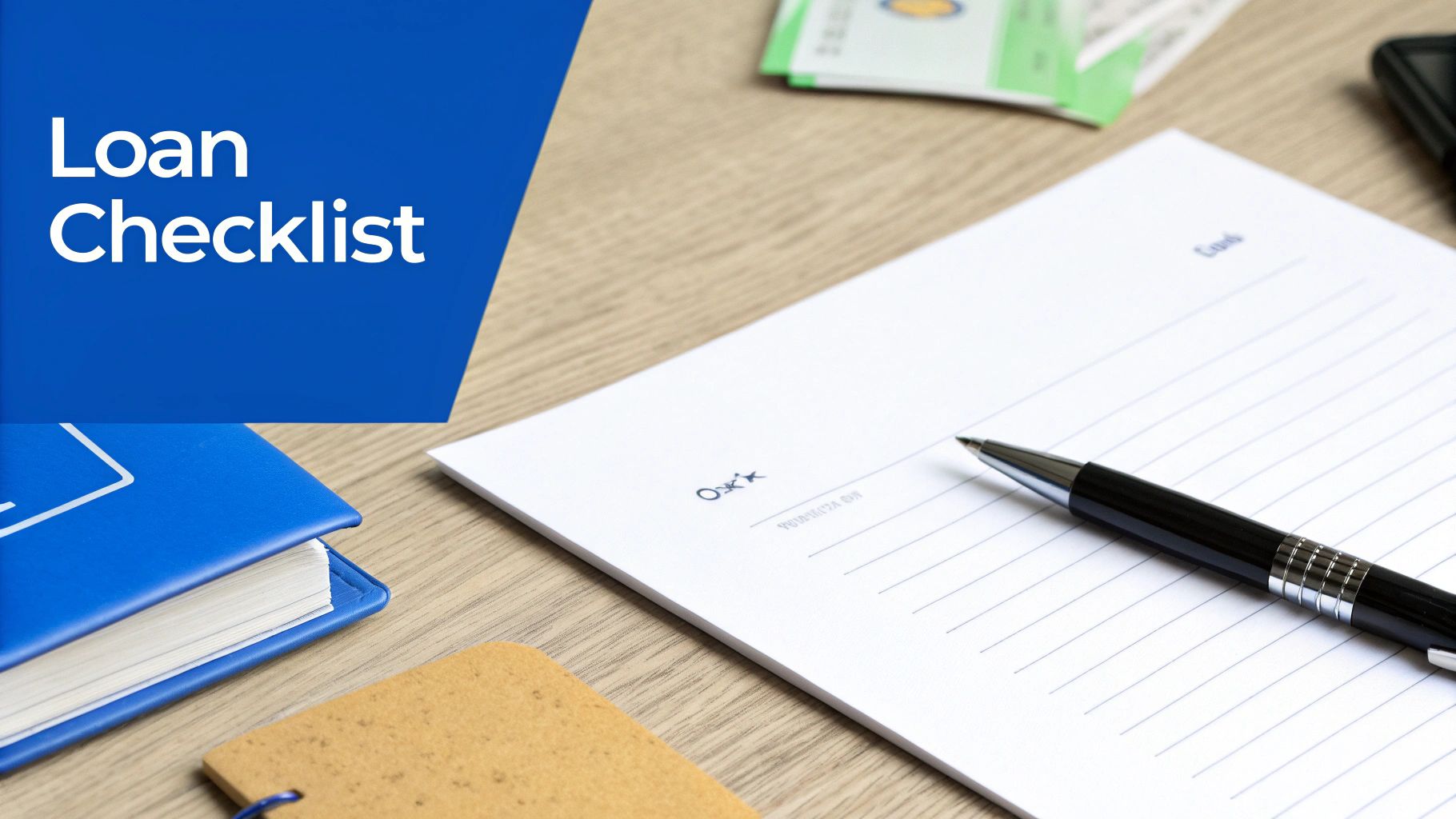 A 'Loan Checklist' title on a blue background with a pen on lined paper, a notebook, and money.