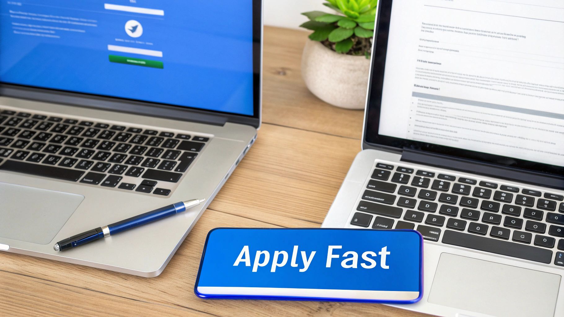 Two laptops and a smartphone displaying 'Apply Fast' on a wooden desk with a pen and plant.
