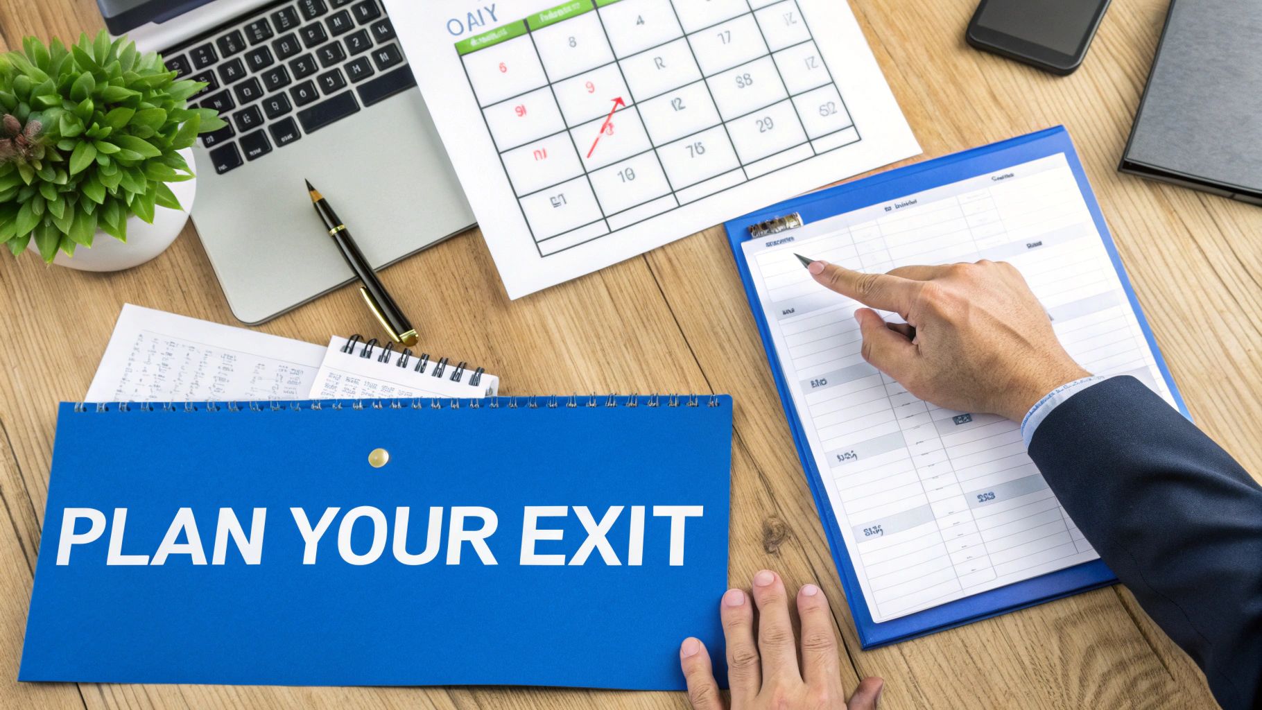 Businessman pointing at a business schedule next to a 'PLAN YOUR EXIT' folder on a wooden desk.