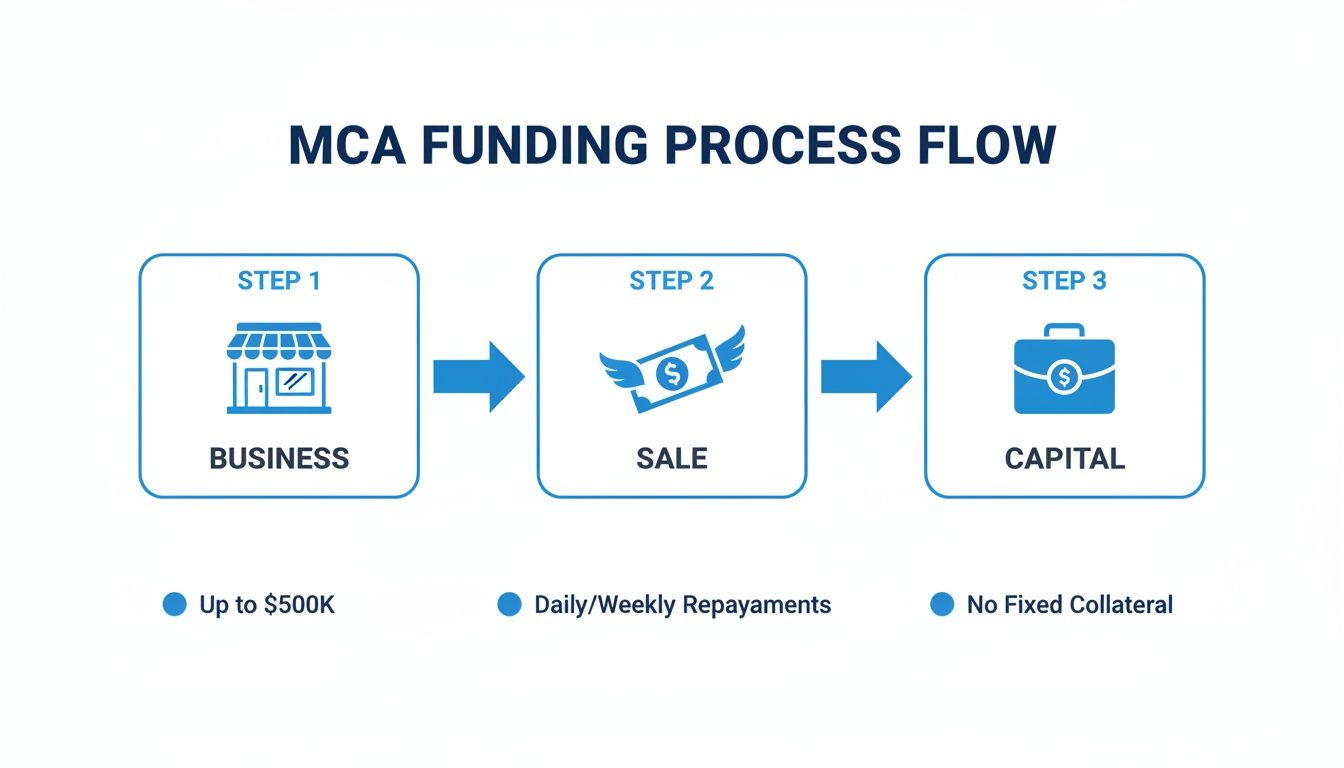 Diagram illustrating the MCA funding process flow with steps for business, sale, and capital, and key features.