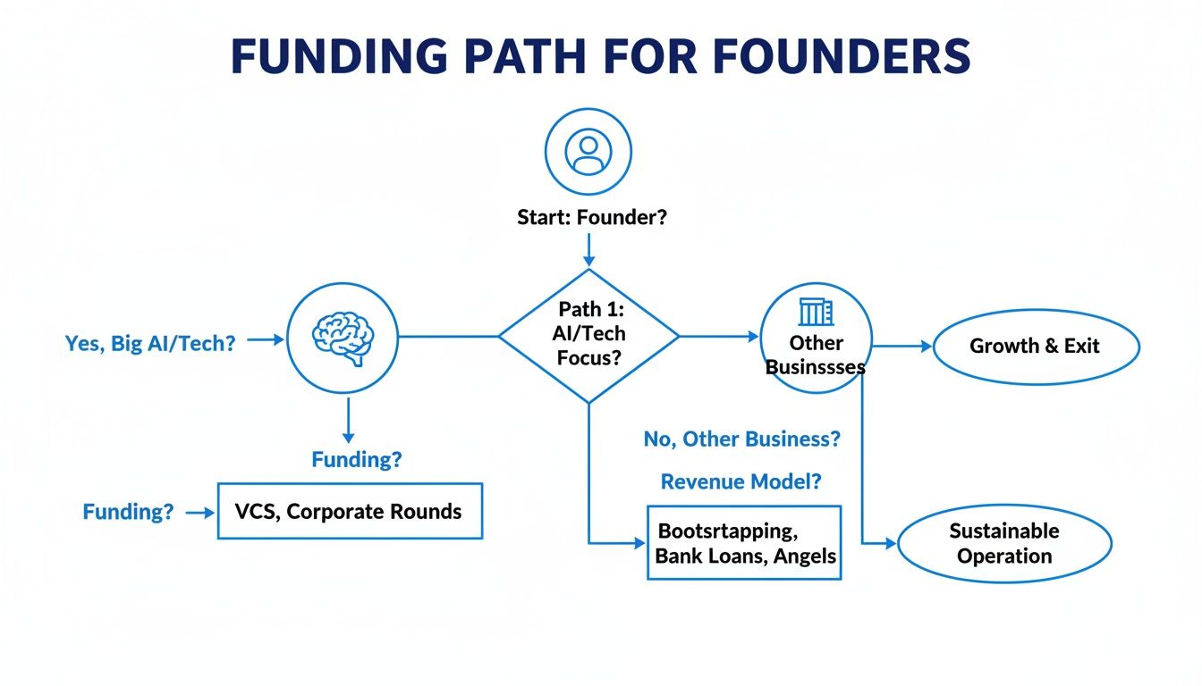 Flowchart showing funding paths for founders, including AI/tech focus, other businesses, and various financing options.
