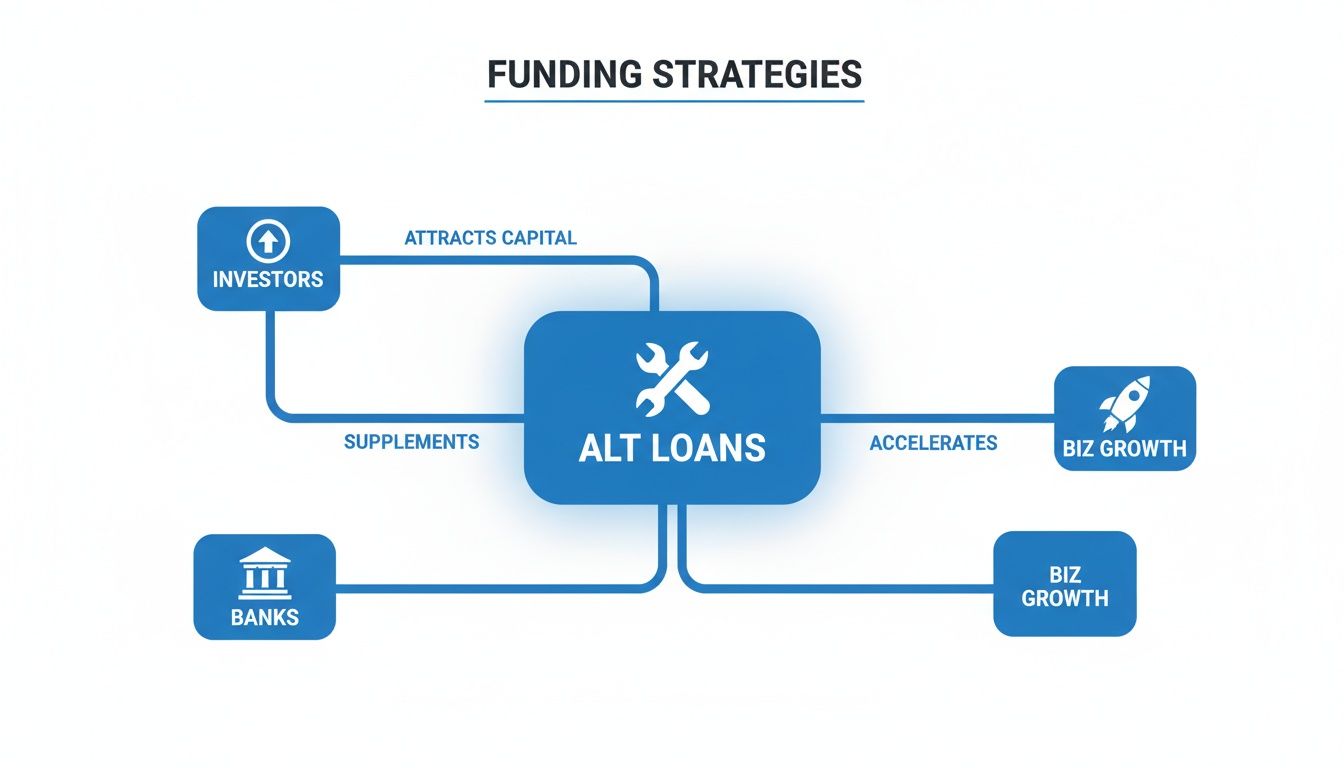 A flowchart illustrates funding strategies, showing investors and banks supplementing alternative loans which accelerate business growth.