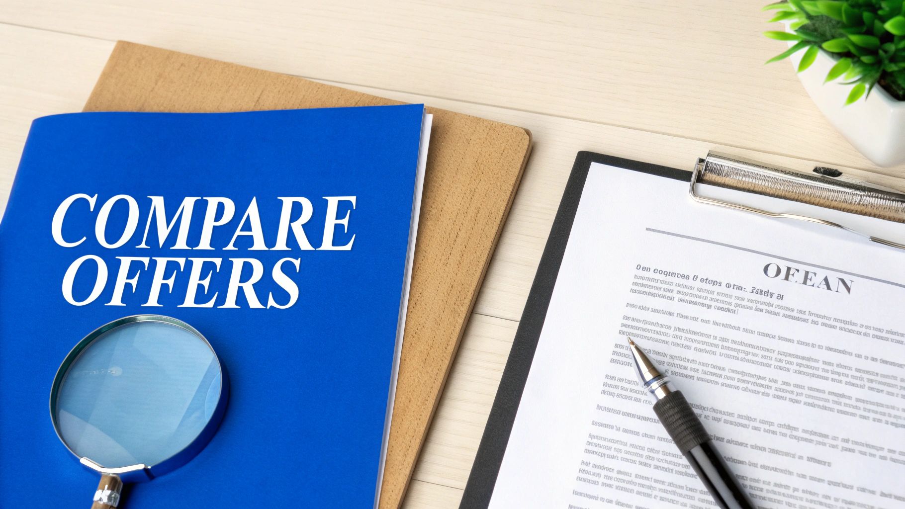 A blue folder with 'COMPARE OFFERS' and a magnifying glass, on a desk with business documents and a pen.
